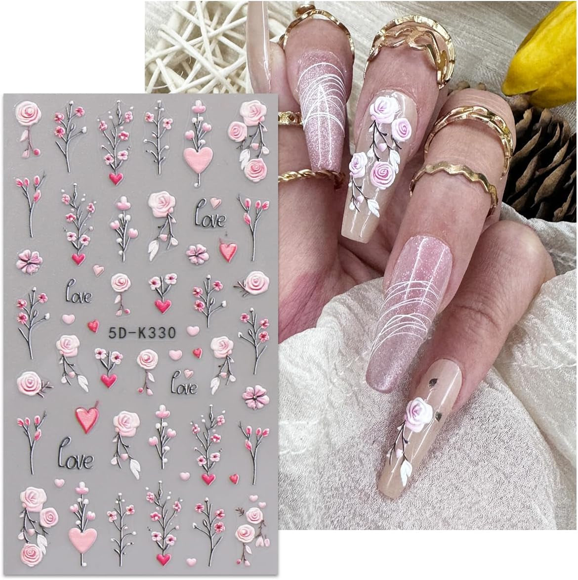 JMEOWIO 3D Nagelsticker Blumen Nail Art Naklejka Selbstklebend Nagelaufkleber 5D Stereoskopisch Frühling Sommer Dekoration Nageldesign Zubehör 4 Blatt
