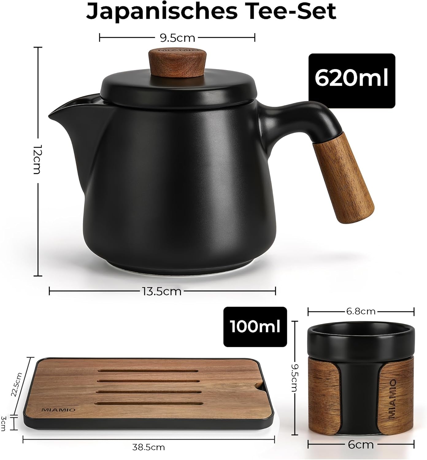 MIAMIO - Zestaw do herbaty japońskiej/chińskiej 6 x 100 ml / Czajnik azjatycki 620 ml z zaparzaczem, Tradycyjny japoński zestaw do herbaty dla miłośników herbaty/mężczyzn/kobiet (czarny)