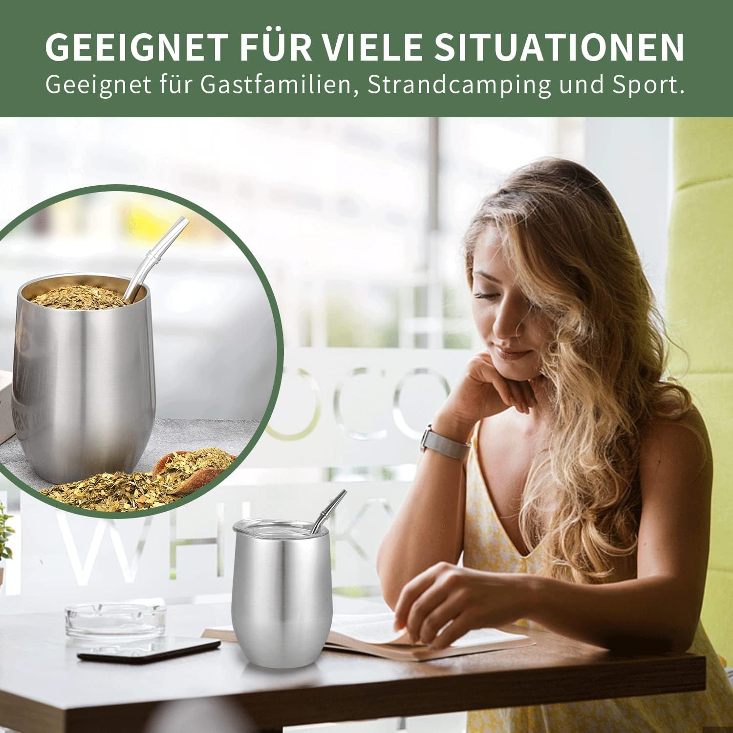 Kubek Modern Mate o pojemności 340 ml, zestaw izolowanych kubków do Yerba Mate o podwójnych ściankach ze stali nierdzewnej, kubek do herbaty Mate z pokrywką niezawierającą BPA, bombille i szczoteczka do czyszczenia (srebrna)