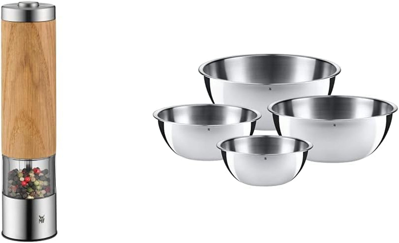 Zestaw WMF Ceramill Oakwood Cromargan, młynek elektryczny i zestaw misek Gourmet For The Kitchen 4 sztuki Młynki i krajalnice Naty Shop Pakiet z zestawem misek