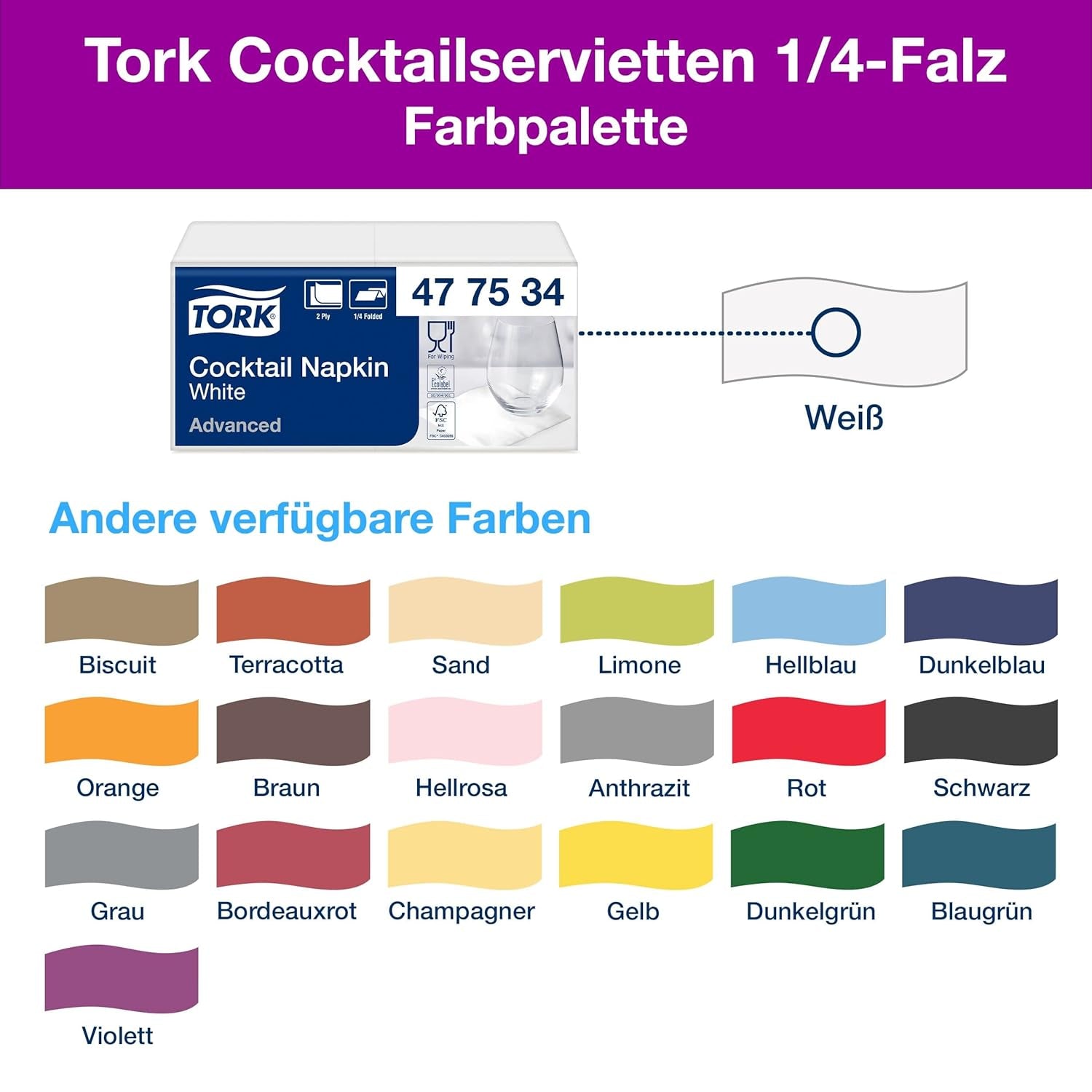 Tork koktajlowe białe serwetki, 1/4 złożenia, 2-warstwowe, 24 cm × 24 cm, 200 serwetek, 477534