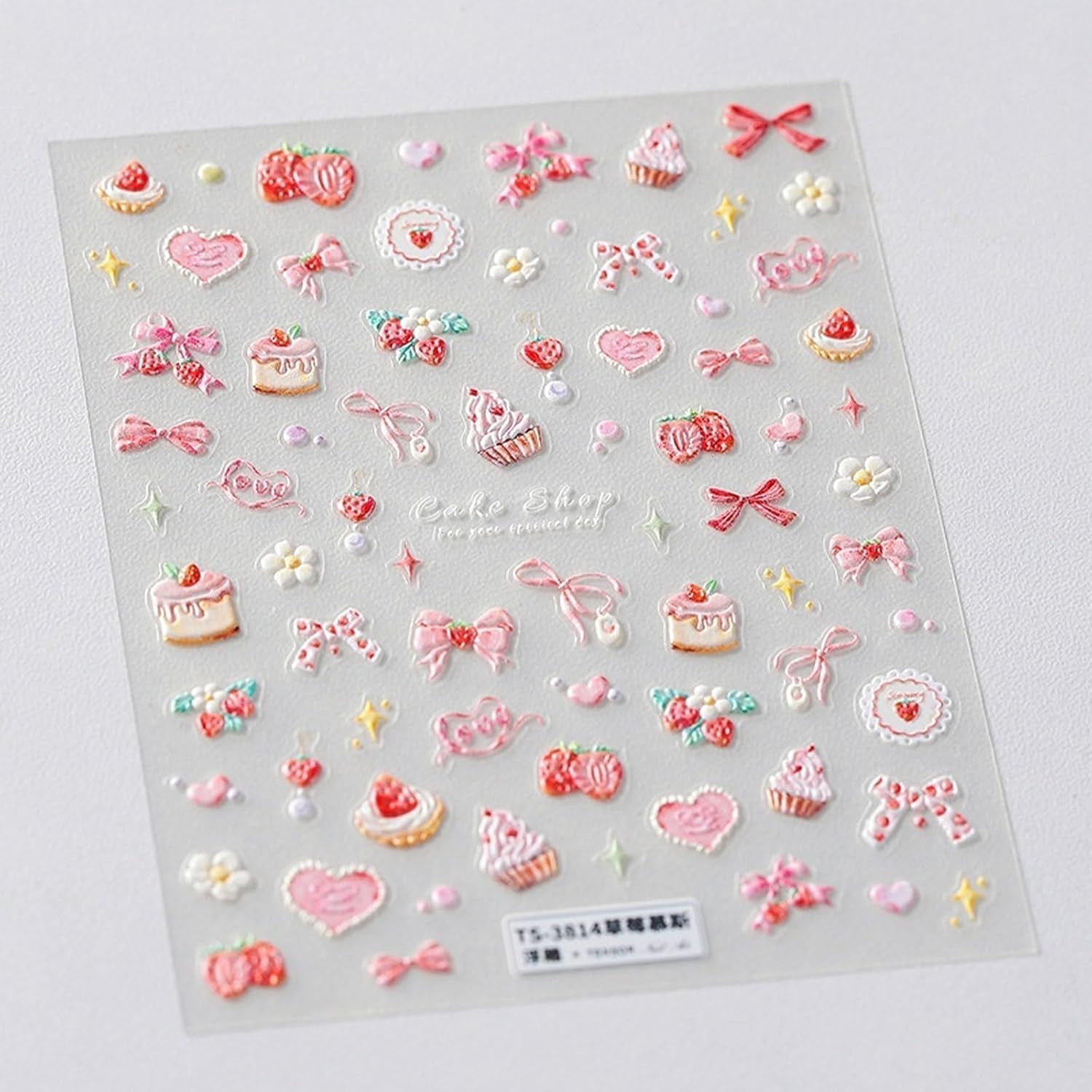 JMEOWIO 3D Nagelsticker Rosa Nail Art Naklejka Selbstklebend Nagelaufkleber 5D Stereoskopisch Kuchen Erdbeerschleife Dekoration Nageldesign Zubehör 1 Blatt