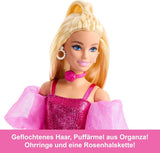 Lalka Barbie Deluxe Style nr 5 w metalicznym różowym blond stroju, z błyszczącym stanikiem i błyszczącymi spodniami, z dodatkami, takimi jak różowy naszyjnik i torebka, JFP40