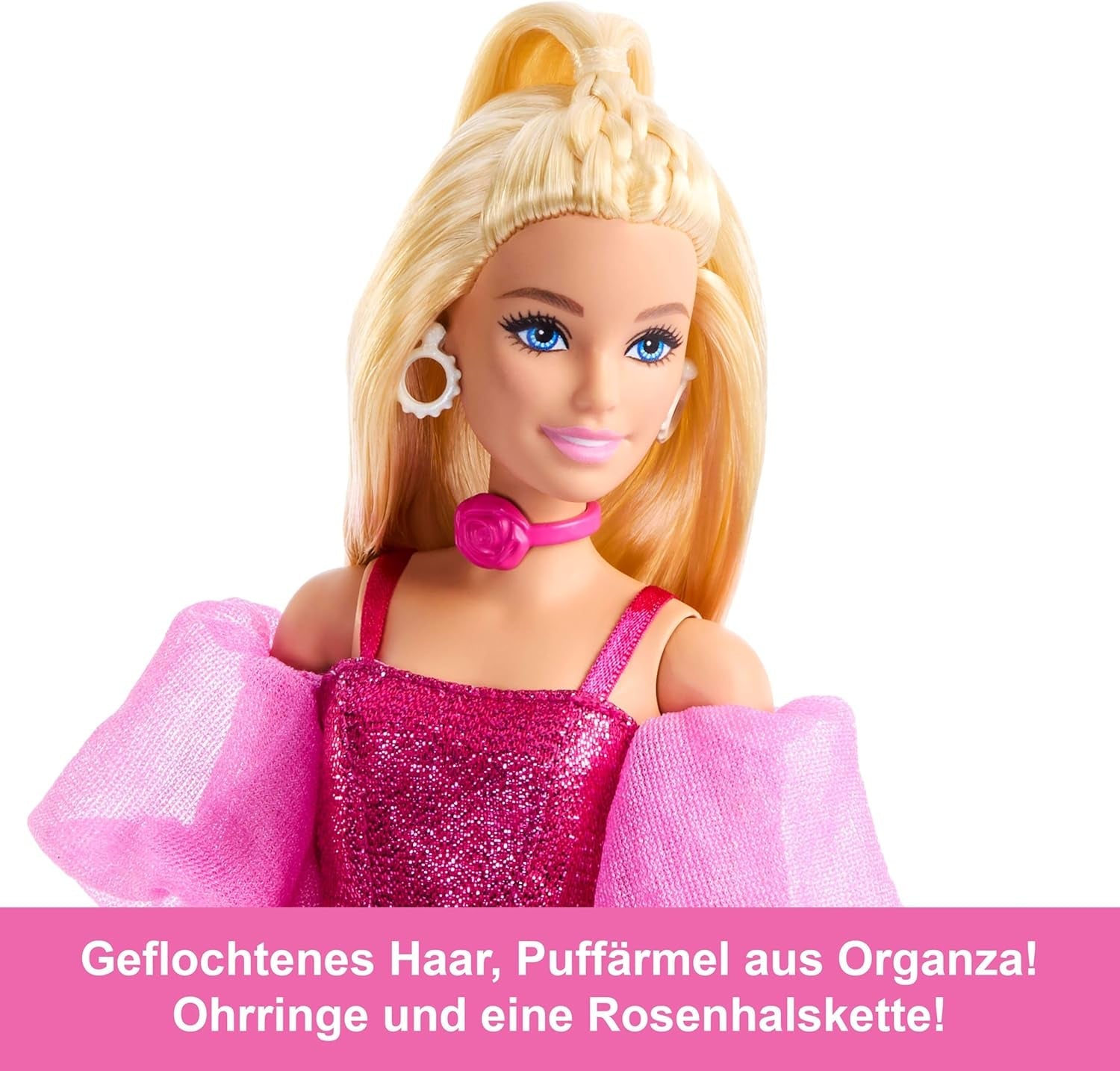 Lalka Barbie Deluxe Style nr 5 w metalicznym różowym blond stroju, z błyszczącym stanikiem i błyszczącymi spodniami, z dodatkami, takimi jak różowy naszyjnik i torebka, JFP40