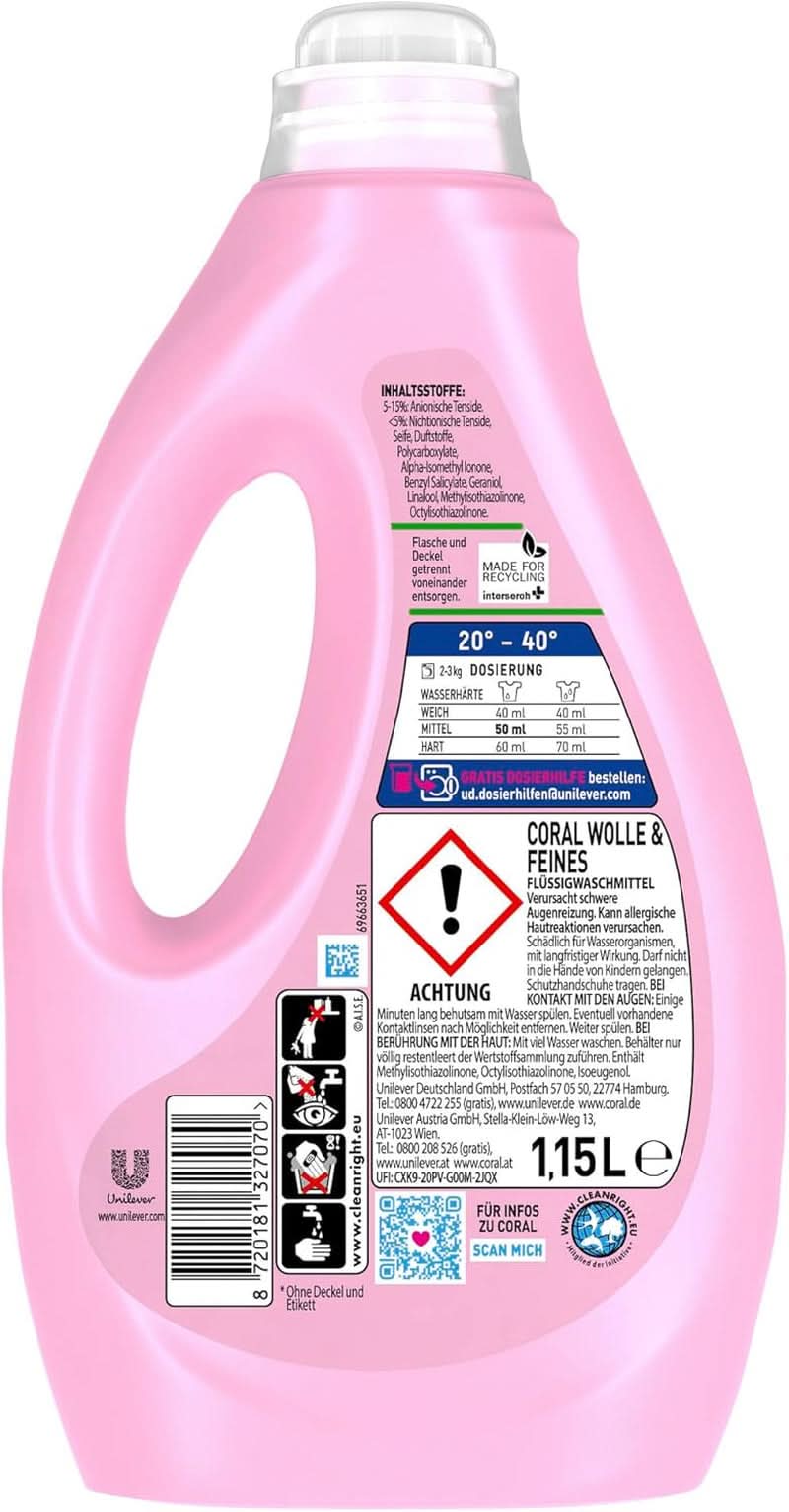 Koralowy delikatny detergent w płynie do wełny i prania delikatnego, 23 prania, 1,15 litra Proszki do prania Naty Shop