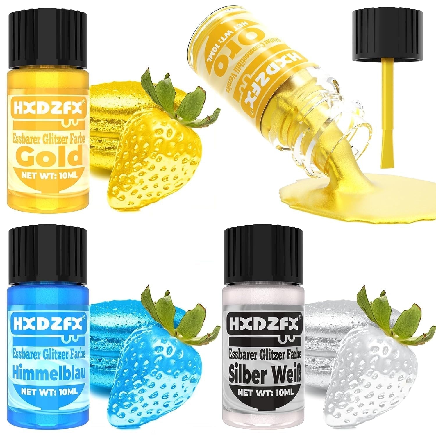 Essbarer Glitzer - 3 Torten Kuchen Deko Essbare, metaliczny Lebensmittelfarbe Flüssiges, jadalny brokat Für Muffin, koktajl, pianki marshmallow - 10 ml Naty Shop Default Title