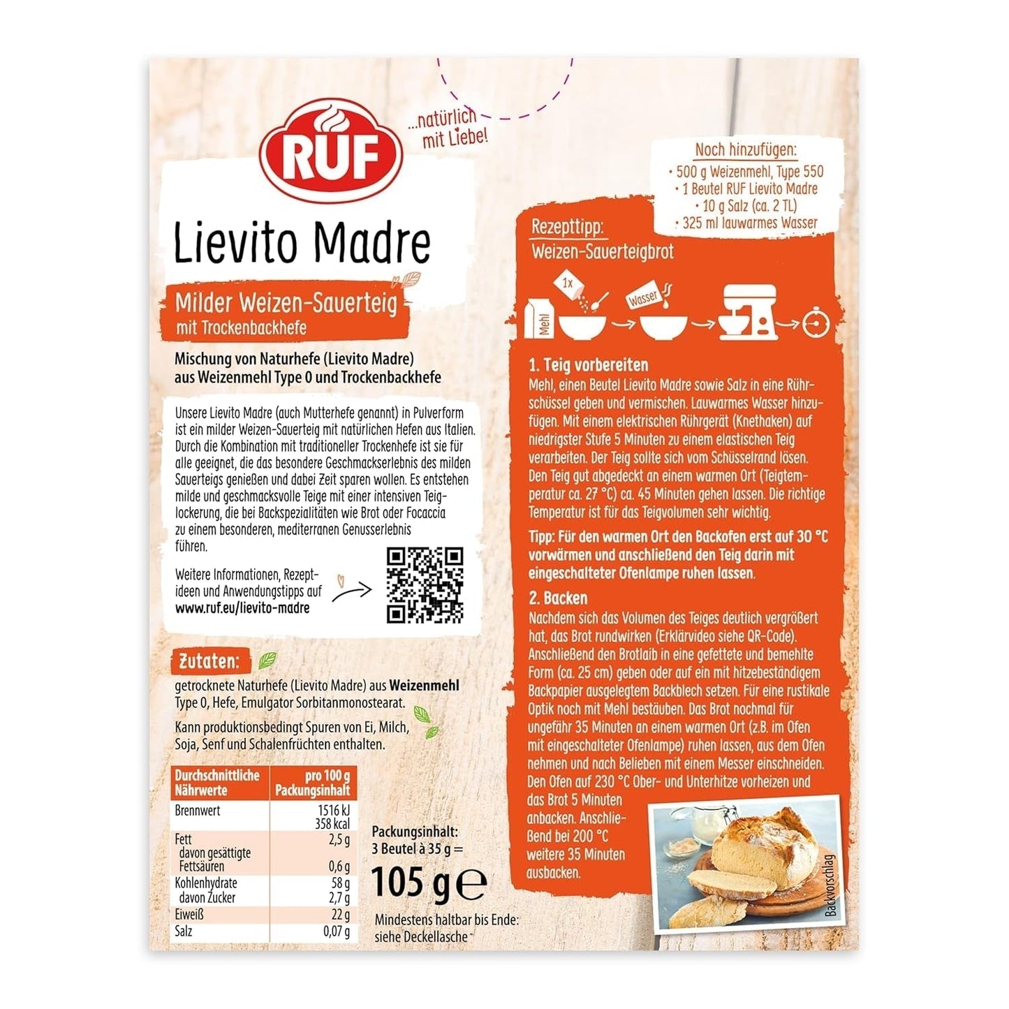 RUF Lievito Madre Sauerteig, Milder Weizen-Sauerteig, Mutterteig, Kurze Teigruhe Durch Enthaltene Trockenhefe, Lievito Madre Getrocknet Für Brot, Bagietka, Focaccia, 3X35G Mieszanka do pieczenia i gotowania Naty Shop