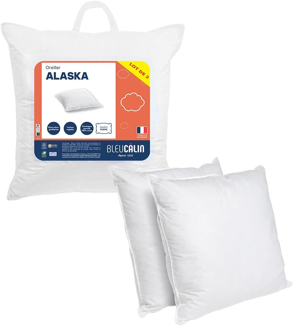 Zestaw 2 poduszek Blue Câlin z mocnym komfortem „Alaska”, super wypełnienie, koperta ze 100% bawełny perkalowej, biały, kwadratowy kształt 65 x 65 cm Naty Shop Standardowe poduszki