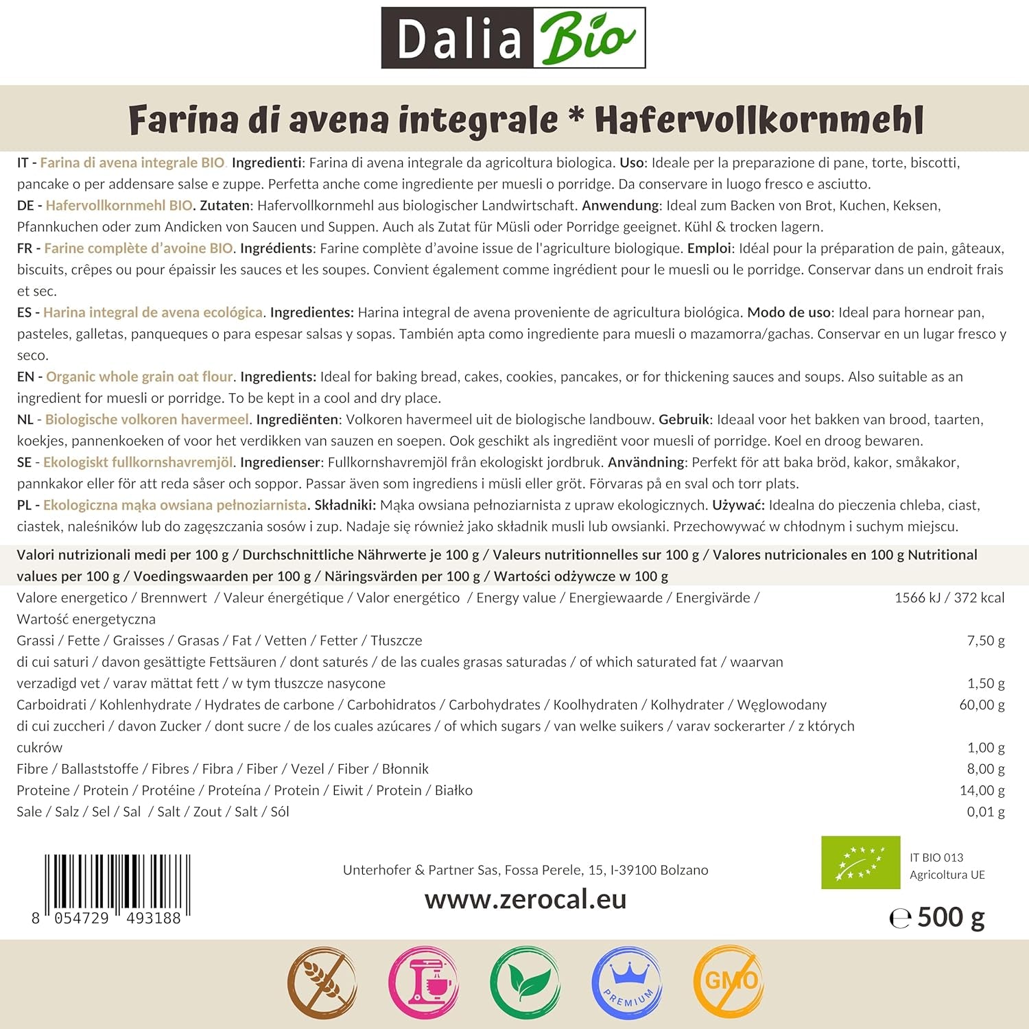 Dalia - Ekologiczna mąka owsiana pełnoziarnista 500g | Bezglutenowe | Bogaty w błonnik i białko Pochodzenie: Włochy | Na chleb, ciasta, owsianki i przepisy fitness | Jakość premium