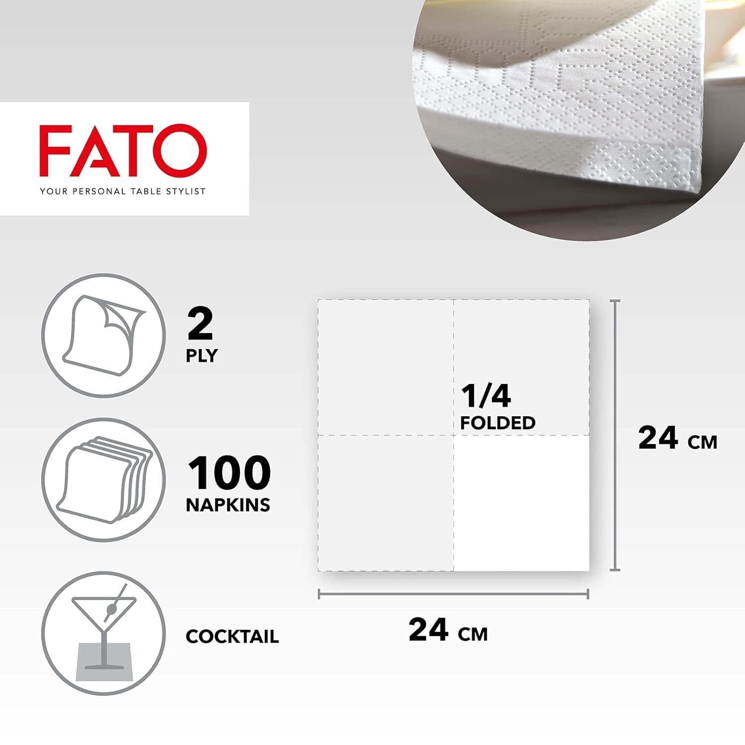 , Jednorazowe serwetki papierowe, idealne do przekąsek i koktajli, opakowanie 100 serwetek, rozmiar 24X24, 4-krotnie, 2-warstwowe, białe, 100% czystego papieru celulozowego, certyfikat Fsc (opakowanie 6 sztuk)