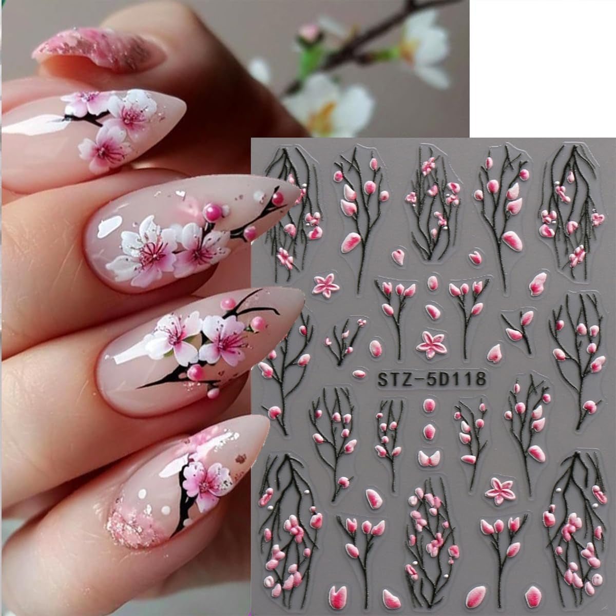 JMEOWIO 3D Nagelsticker Blume Nail Art Naklejka Selbstklebend Nagelaufkleber 5D Stereoskopisch Frühling Letnia dekoracja kwiatowa Nageldesign Zubehör 4 Blatt