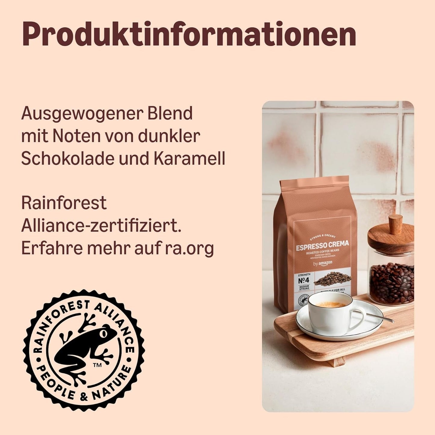 by Amazon Espresso Crema Röstkaffee Ganze Bohnen, 1kg (2 opakowania po 500g), Rainforest Alliance-Zertifizierung