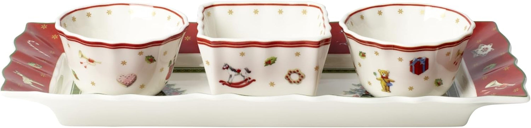 Villeroy & Boch — zestaw do sosów Toy's Delight, 4 szt., półmisek z miseczkami, zestaw misek na bożonarodzeniowy sos, dekoracja stołu z zabawkami, taca do serwowania, miski, świąteczna zastawa stołowa, porcelana Premium
