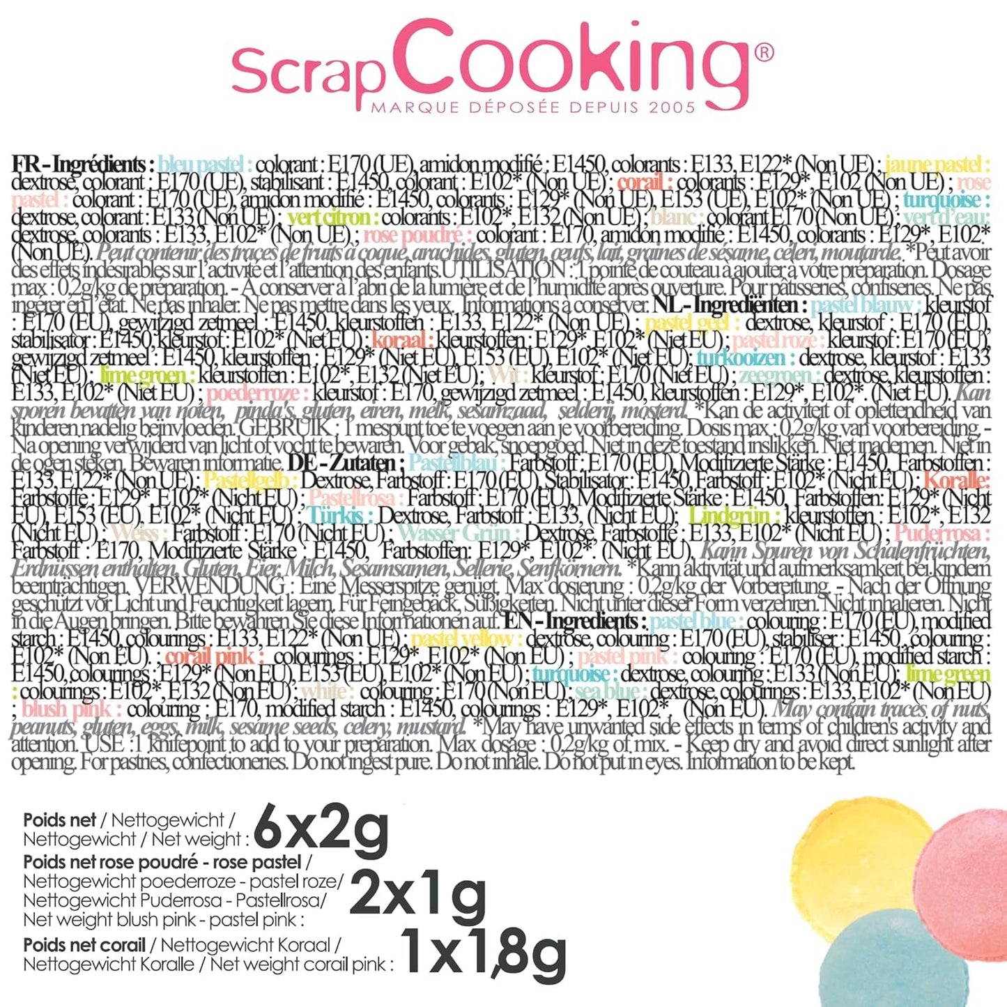 Scrapcooking - Zestaw 9 pastelowych barwników spożywczych - Niebieski, Żółty, Koralowy, Różowy, Turkusowy, Limonkowy Zielony, Biały, Aqua Zielony, Pudrowy Róż - Jadalny proszek barwiący do ciast, babeczek, makaroników - 4272