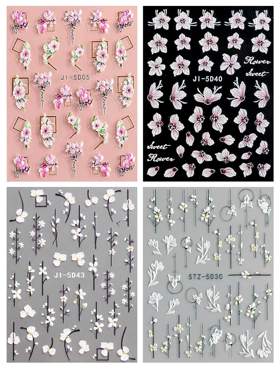 JMEOWIO 3D Nagelsticker Frühling Blume Nail Art Naklejka Selbstklebend Nagelaufkleber 5D Stereoskopisch Buntes Sommer Blumen Dekoration Nageldesign Zubehör 4 Blatt