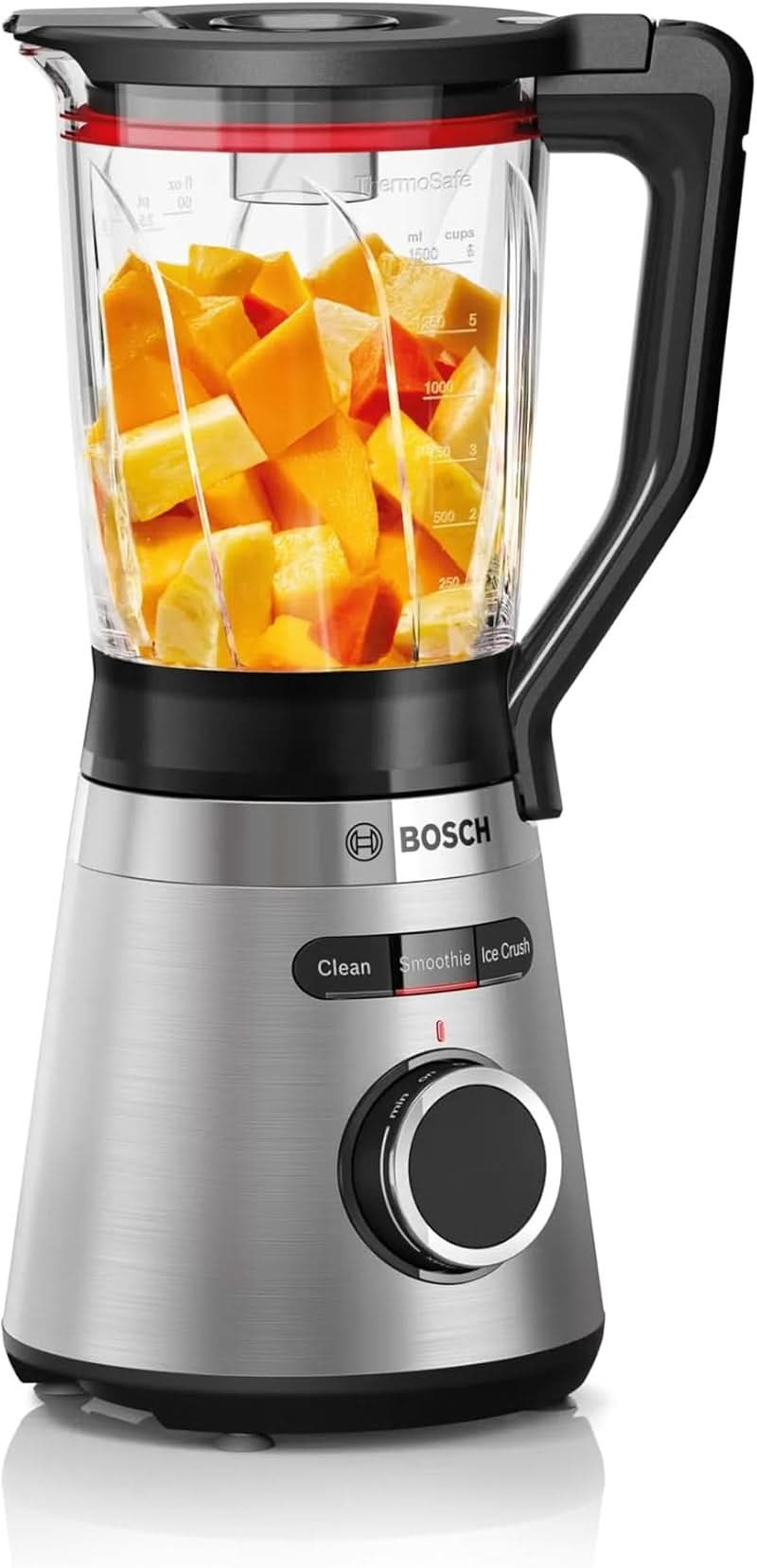 Mikser stojący Bosch Vitapower Serie 4 MMB6382M, Edelstahl-Klingen Made in Germany, 1,5 l Thermosafe Glasbehälter, Stopfer, Sicherheitsdeckel, Spülmaschinengeeignete Teile, 30 000 U/Min, 1200 W, Edelstahl Kitchen Naty Shop