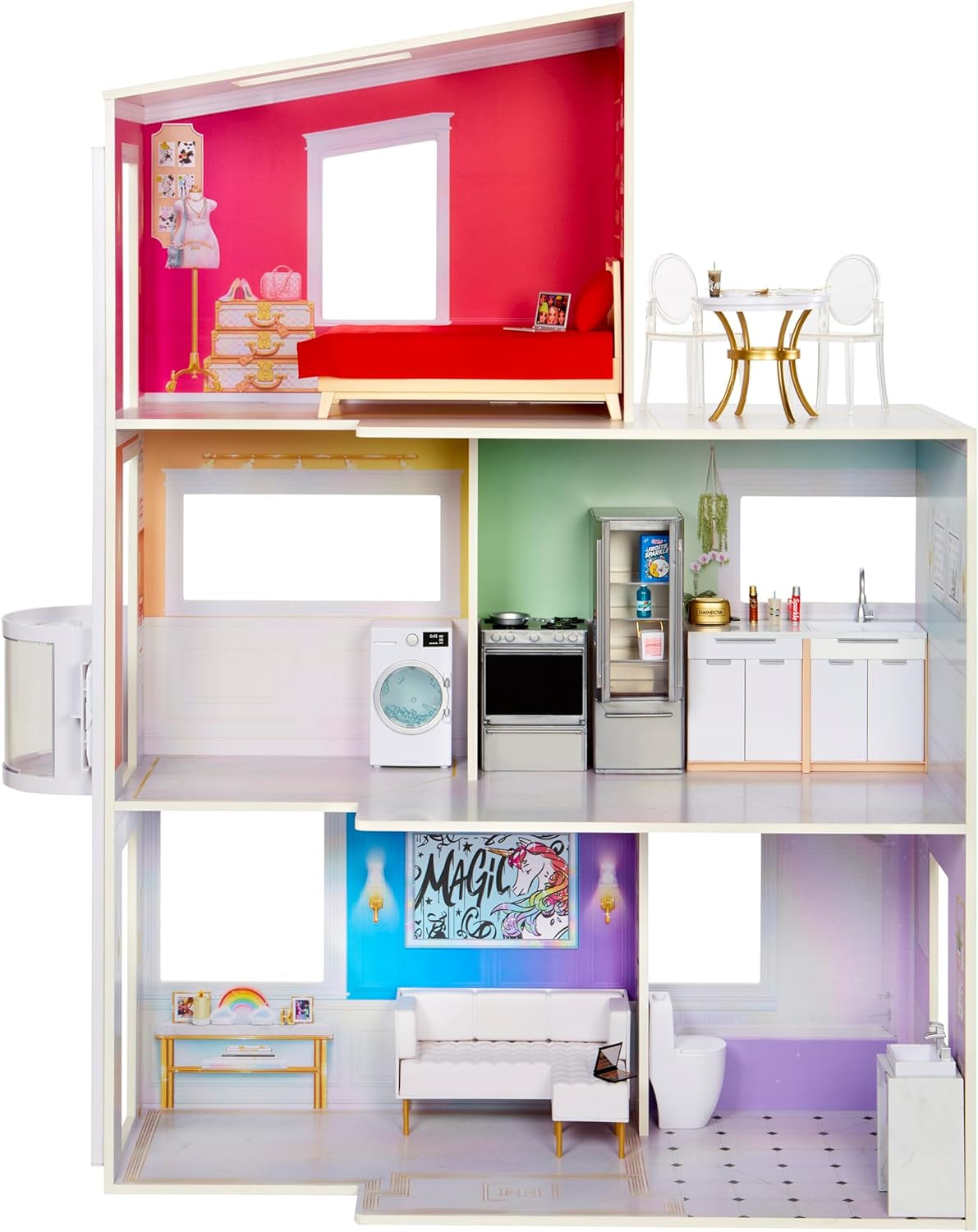 Rainbow High Townhouse - 3-piętrowy drewniany domek dla lalek z 5 kolorowymi pokojami i tarasem - W pełni umeblowany dom z windą i funkcjonalnymi akcesoriami - Zabawka dla lalek w wieku 4-12+ lat Domki dla lalek Naty Shop 2023 Rainbow High Townhouse