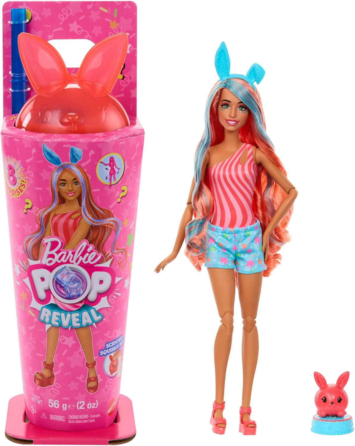 Barbie Pop Reveal Lalka i zestaw akcesoriów Shakes Series Uroczy pachnący kotek Modna lalka i zwierzątko z 8 niespodziankami, w tym zmianą koloru JCN87