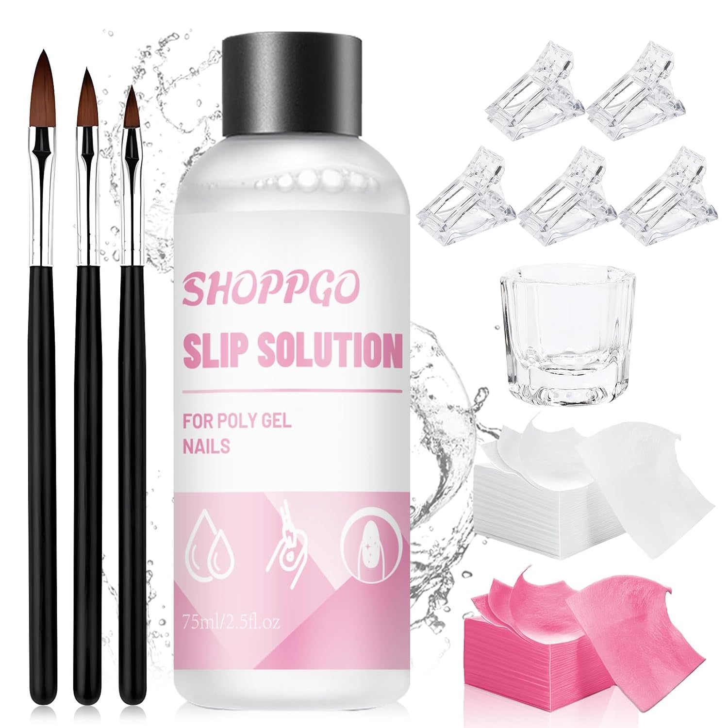 Roztwór do paznokci Polygel, Zestaw do paznokci Poly Gel Slip Solution, Płynne roztwory do paznokci Polygel 75 ml, 5 klipsów na końcówki paznokci, 3 szczoteczki do paznokci, 1 kryształowy kubek, 100 arkuszy czyszczących