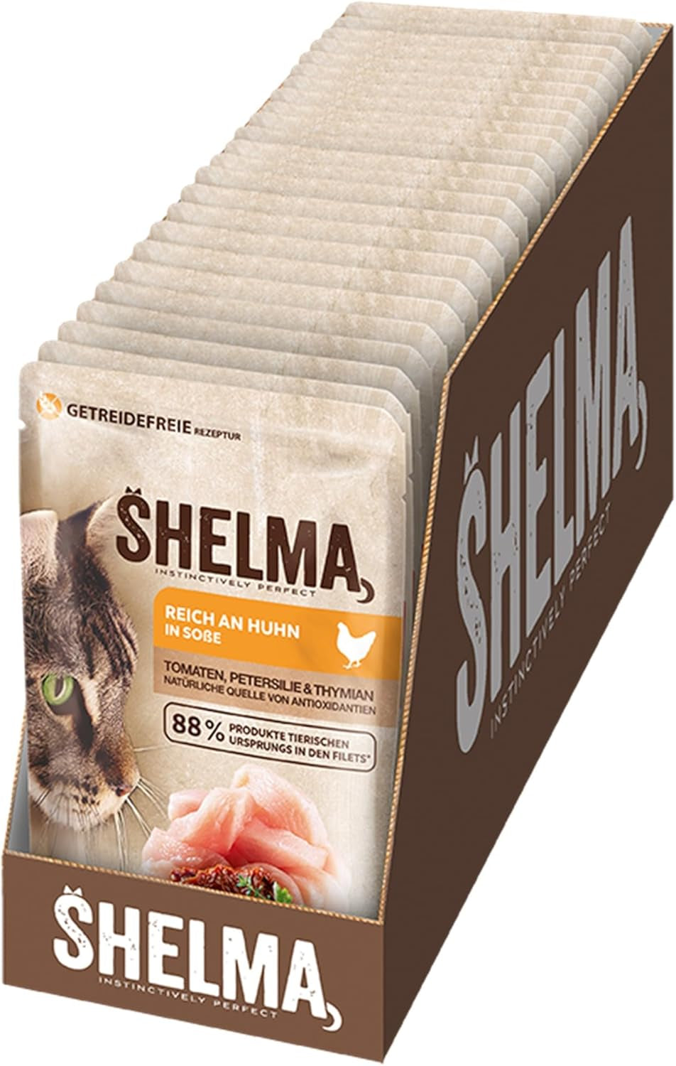 Shelma Mokra karma dla kotów z kurczakiem w sosie pomidorowo-ziołowym – pełnoporcjowa karma bezzbożowa z dużą zawartością mięsa – 28 x 85g (2,38kg)