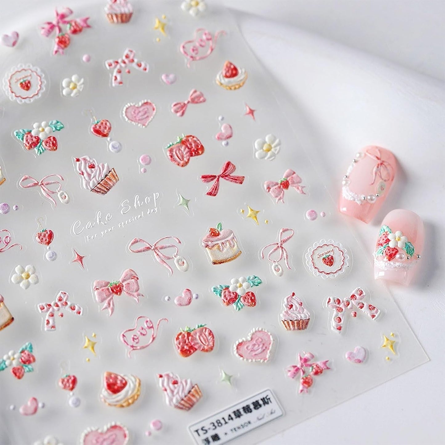 JMEOWIO 3D Nagelsticker Rosa Nail Art Naklejka Selbstklebend Nagelaufkleber 5D Stereoskopisch Kuchen Erdbeerschleife Dekoration Nageldesign Zubehör 1 Blatt