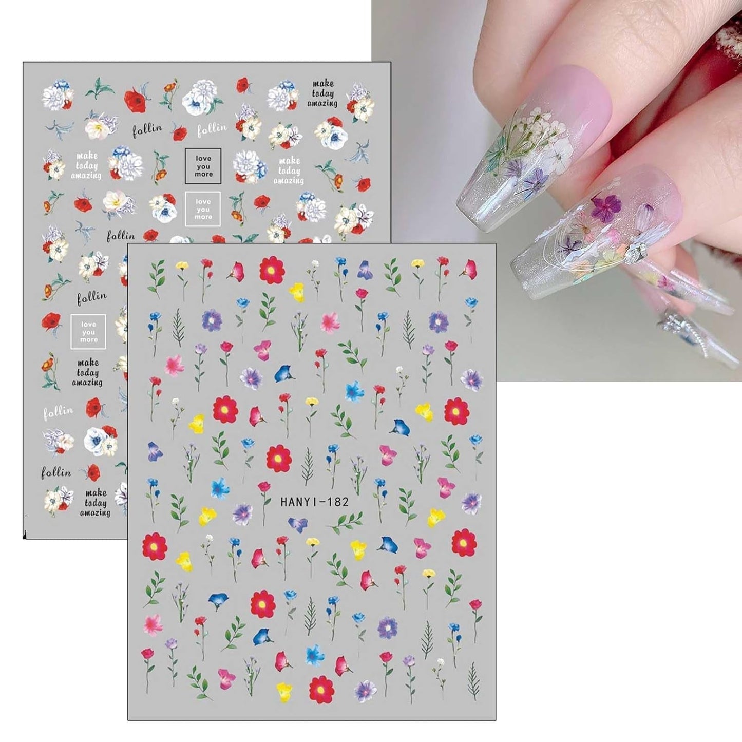 JMEOWIO Nagelsticker Frühlings Blume 9 Blatt Nail Art Naklejka Selbstklebend Nagelaufkleber Bunte Sommer Blumen Dekoration Nageldesign Zubehör