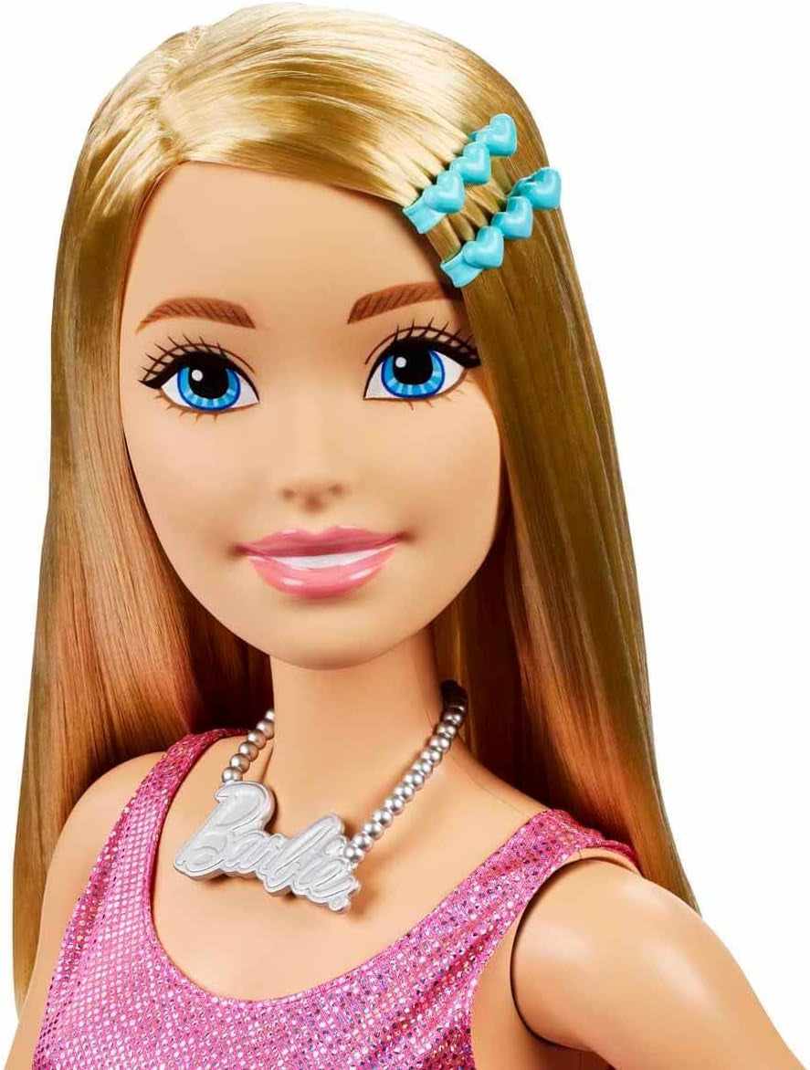 Lalka Barbie bardzo duża (71 cm) - różowa sukienka, blond włosy z klipsem i naszyjnikiem, prezent dla 3 lat i więcej, HJY02