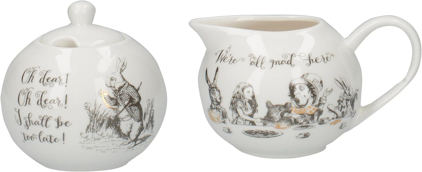Alicja w Krainie Czarów Porcelanowy czajniczek i dzbanek na mleko, porcelanowa miska i dzbanek na mleko w luksusowym pudełku upominkowym