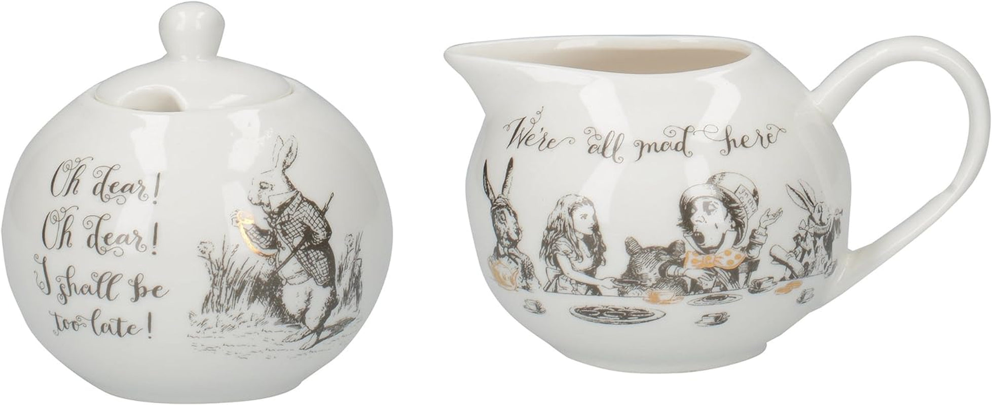 Alicja w Krainie Czarów Porcelanowy czajniczek i dzbanek na mleko, porcelanowa miska i dzbanek na mleko w luksusowym pudełku upominkowym
