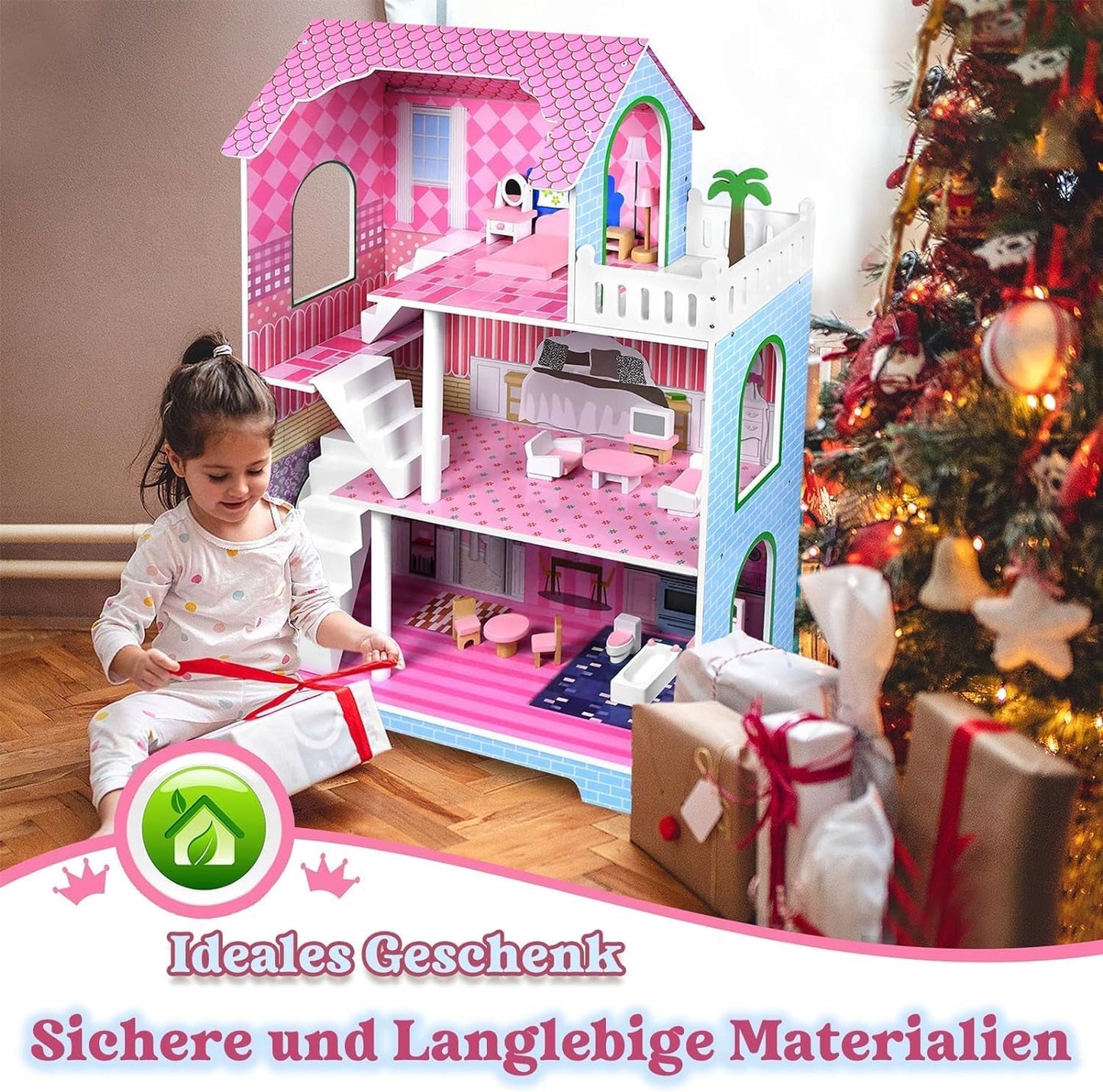 HENGMEI Puppenhaus Kinder Holz Puppenvilla Zestaw domków dla lalek Mädchen Spielset 3 Etagen Haus mit Möbeln und Zubehör, 70x30x100cm Puppenhäuser für Kinder (typ B)
