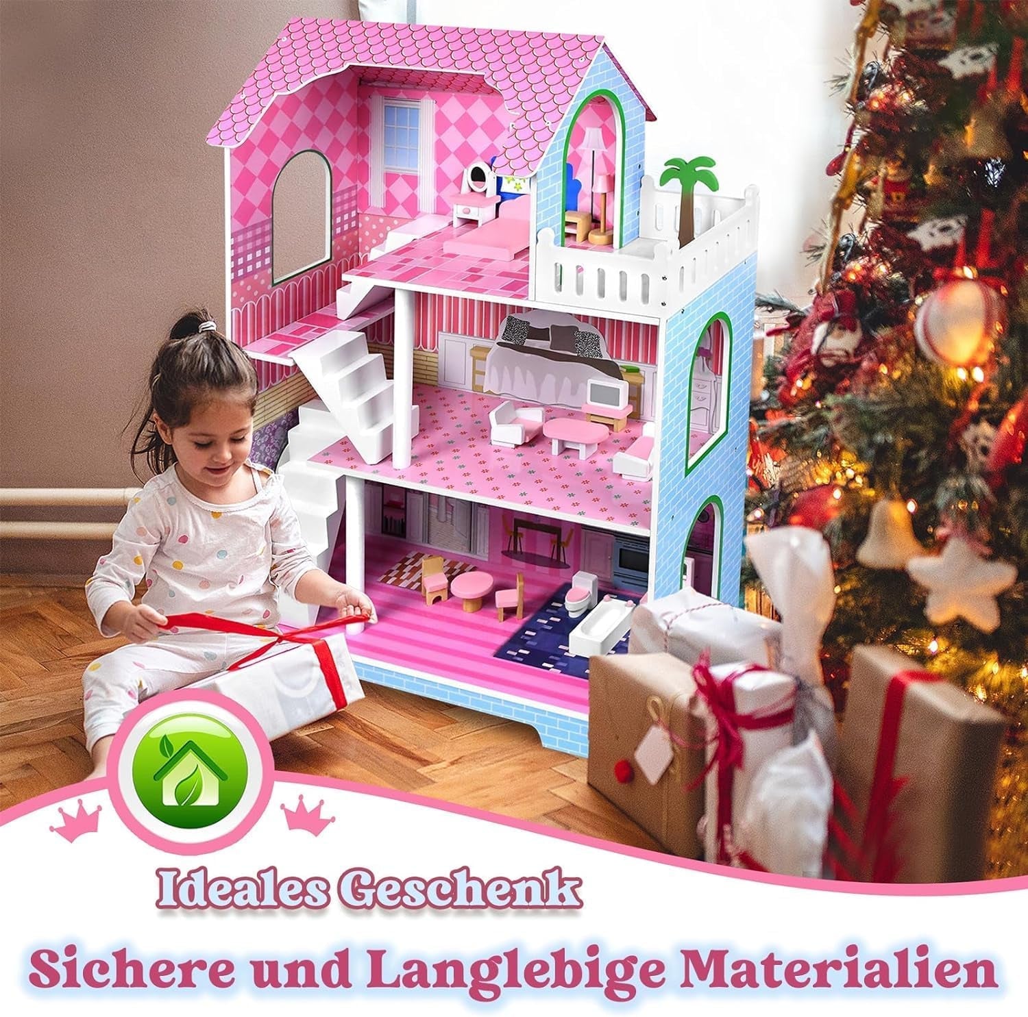 HENGMEI Puppenhaus Kinder Holz Puppenvilla Zestaw domków dla lalek Mädchen Spielset 3 Etagen Haus mit Möbeln und Zubehör, 70x30x100cm Puppenhäuser für Kinder (typ B)