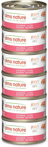 Almo Nature HFC Jelly - Nassfutter für ausgewachsene Katzen - Lachs - klasa ludzka, bezglutenowa i monoproteinowa - 6 x 70g