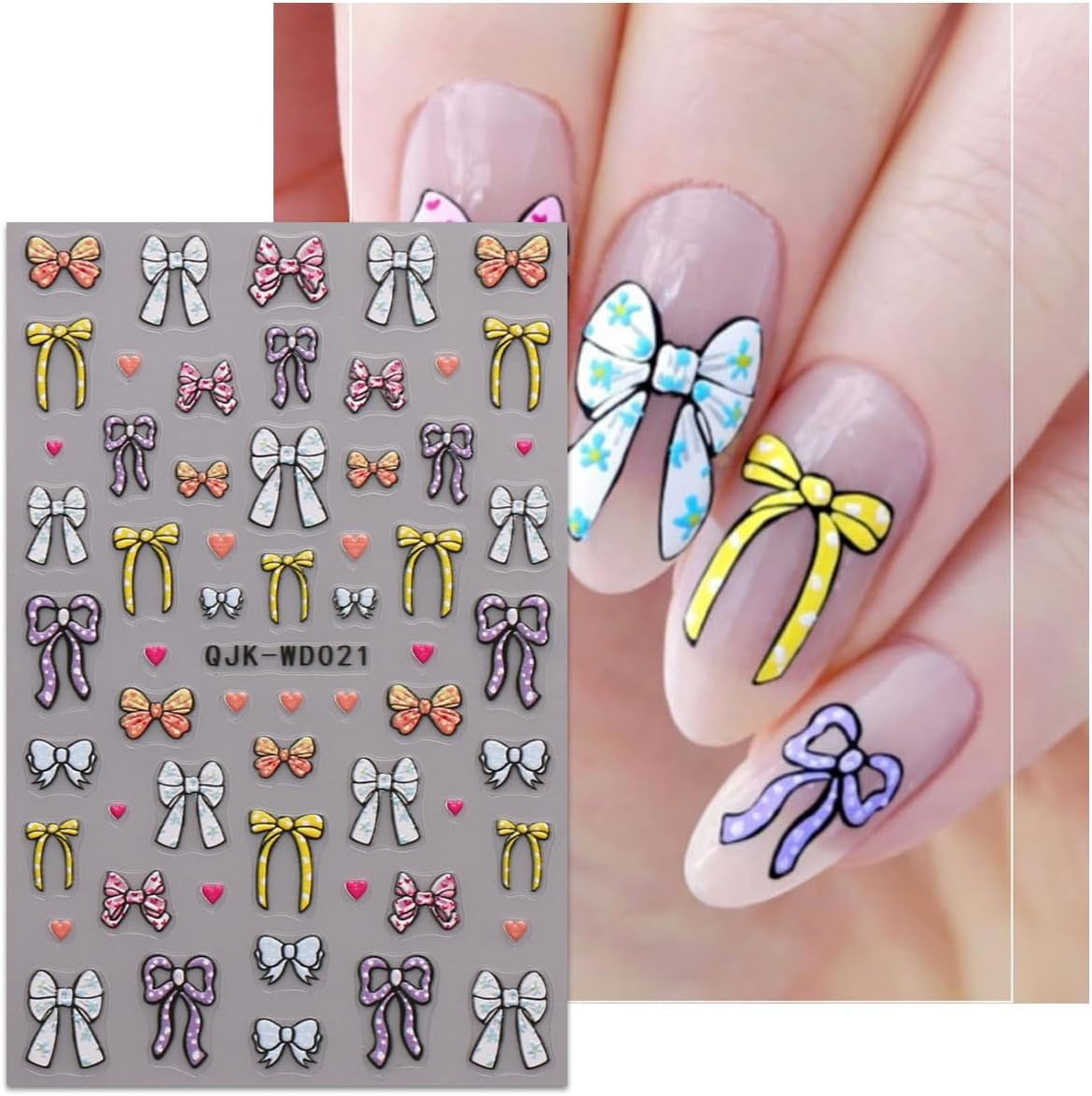 JMEOWIO Nagelsticker Bunte Herz Schleife 6 Blatt Nail Art Naklejka Selbstklebend Nagelaufkleber Dekoration Nageldesign Zubehör
