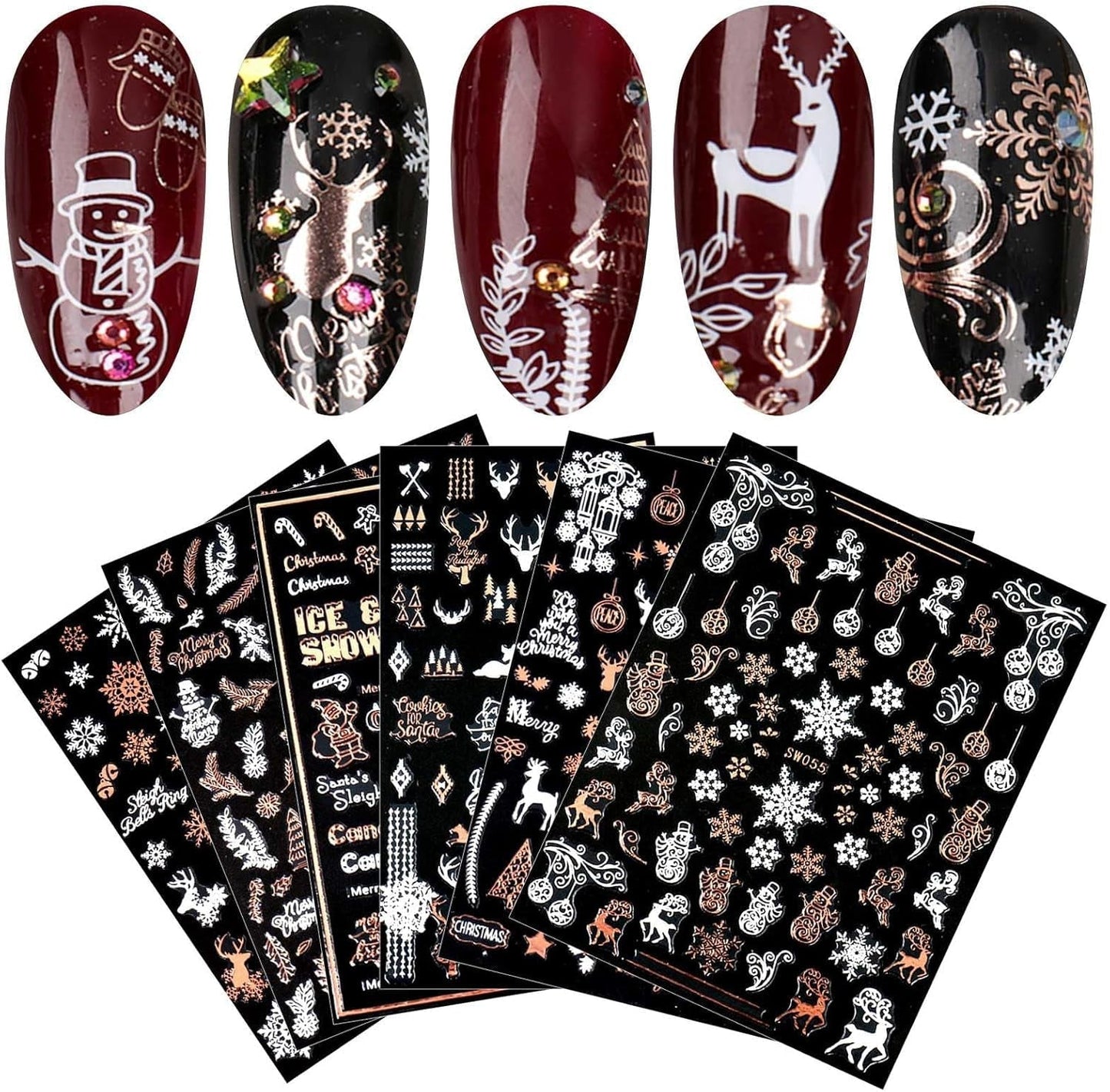 9 Blatt Nagelsticker Weihnachten Nagelaufkleber Selbstklebend Weiß Rentier Schneemann Nail Art Naklejka Dekoration Nageldesign Zubehör