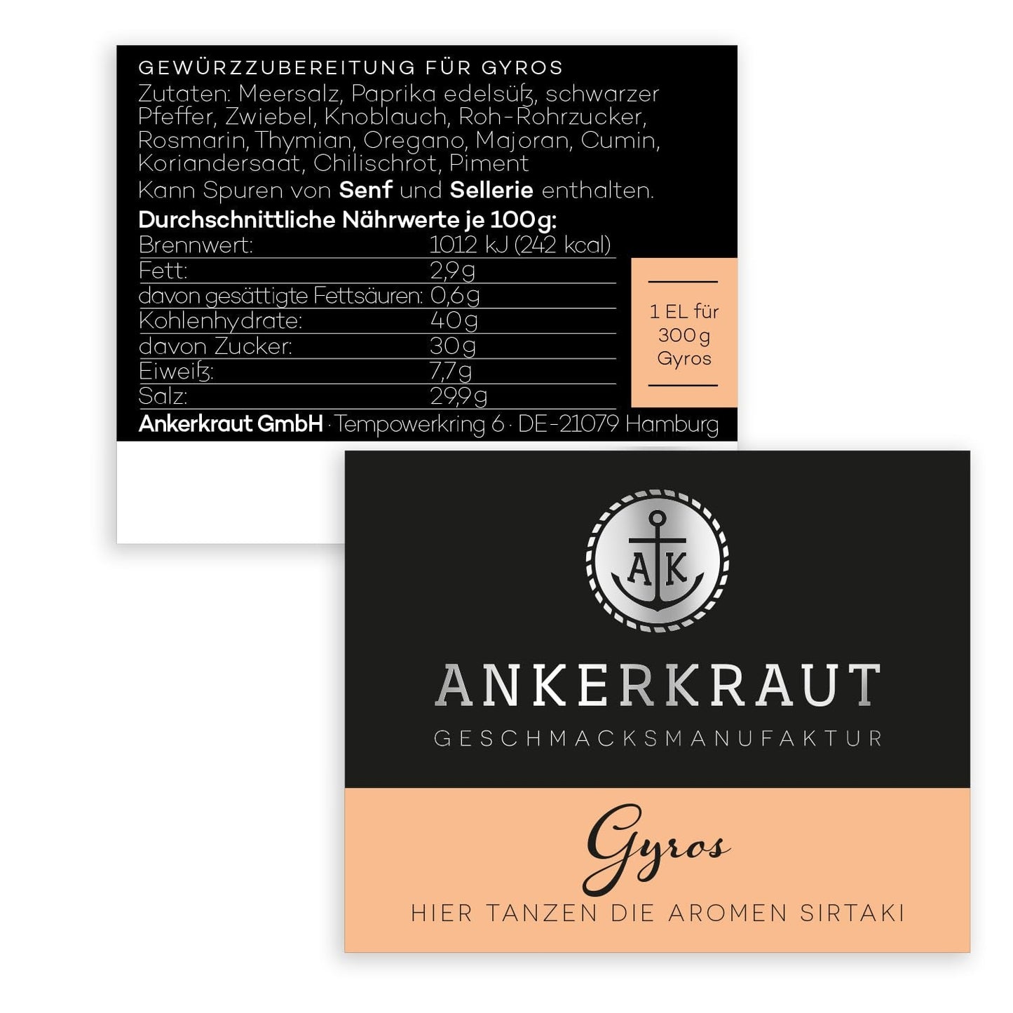 Ankerkraut Gyros, Gewürzmischung für Gyros, egal ob aus der Pfanne oder vom Grill, mit Zwiebel, Knoblauch, Majeranek, Kminek, Piment und Mehr, 80 g im Korkenglas