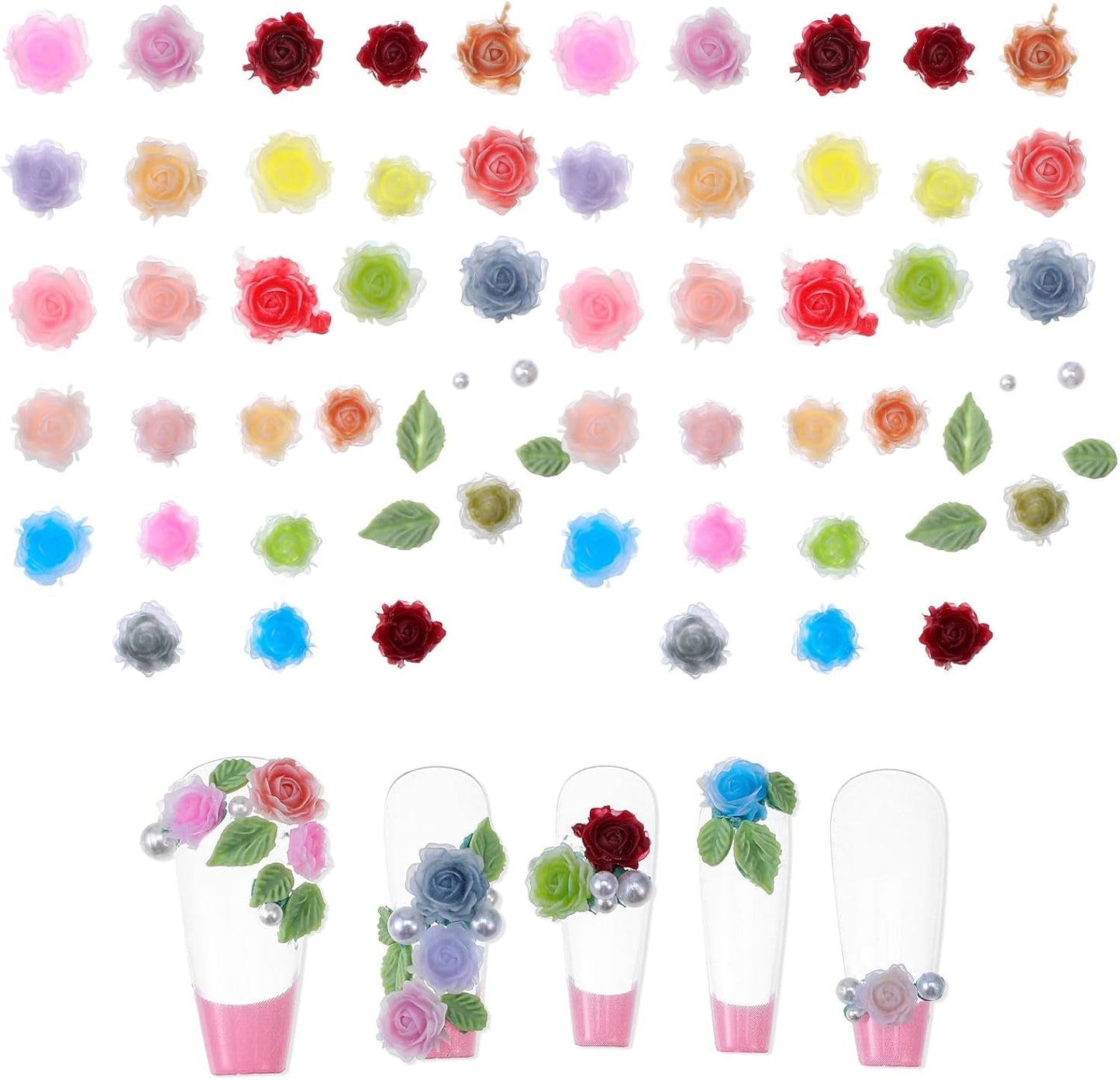 300 Stück Niedlich Blume Nail Charms, 3D Resin Floral Camelie Rose Nägel Charms Mit Perle, Gemischt Größe Bunte Flower Nägel Deko Für Frauen Nail Art Zubehör