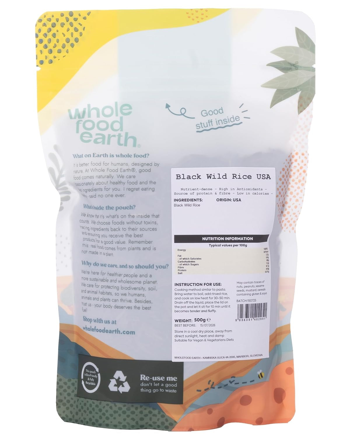 Wholefood Earth USA Czarny Dziki Ryż - Bez GMO - Naturalny - Wegański - Bez nabiału - Bez dodatku cukru, 500g