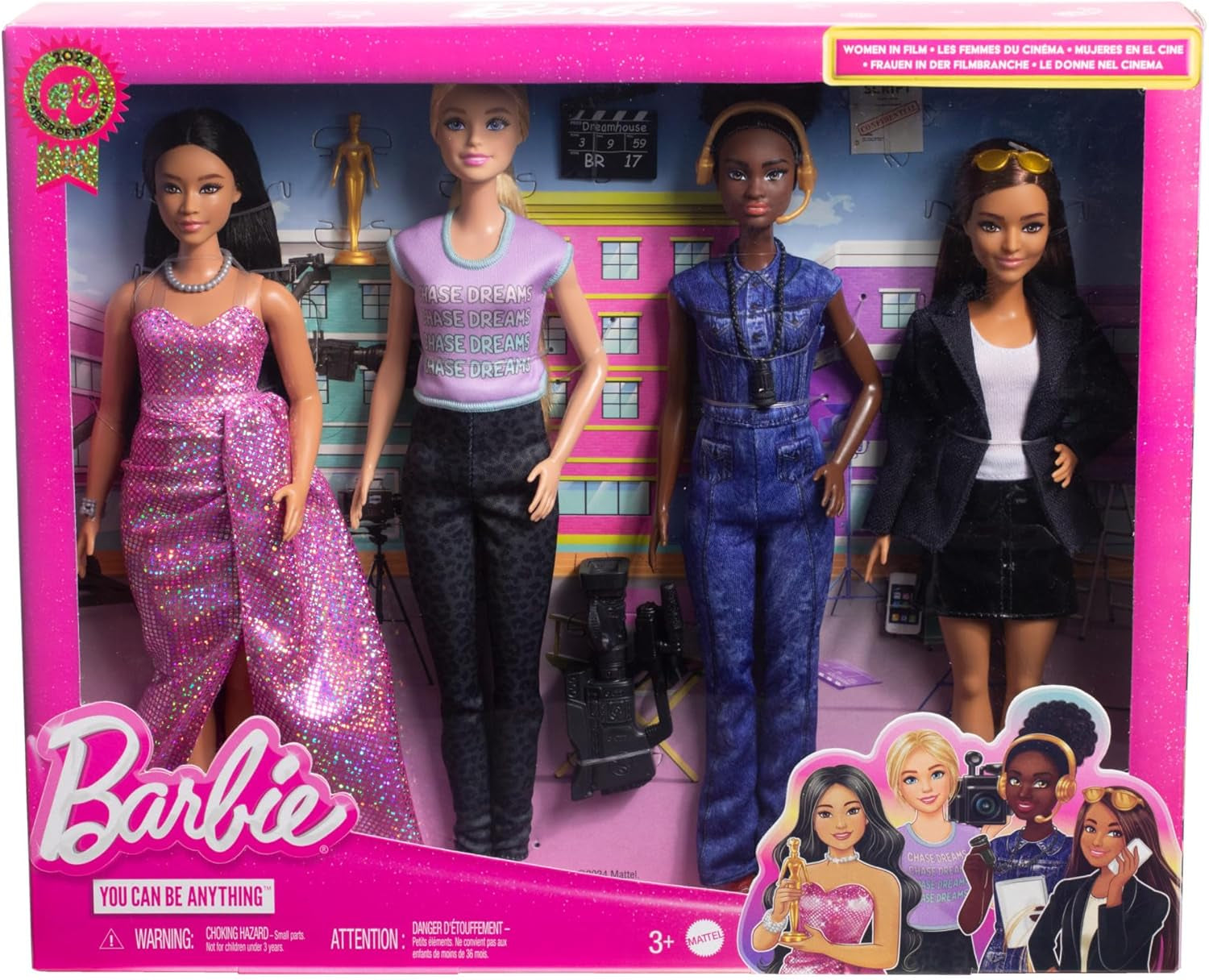 Barbie Berufe-Set z 4 Puppen i Zubehör, Frauen in der Filmbranche mit Studioleiterin, Regissseurin, Kamerafrau i Filmstar in Ausziehbaren Outfits, HRG54