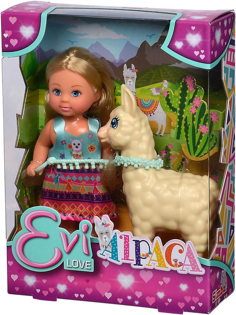 Simba 105733497 - Lalka miłości Evi w uroczym stroju alpaki i na smyczy, 12 cm, dla dzieci w wieku 3 lat i więcej