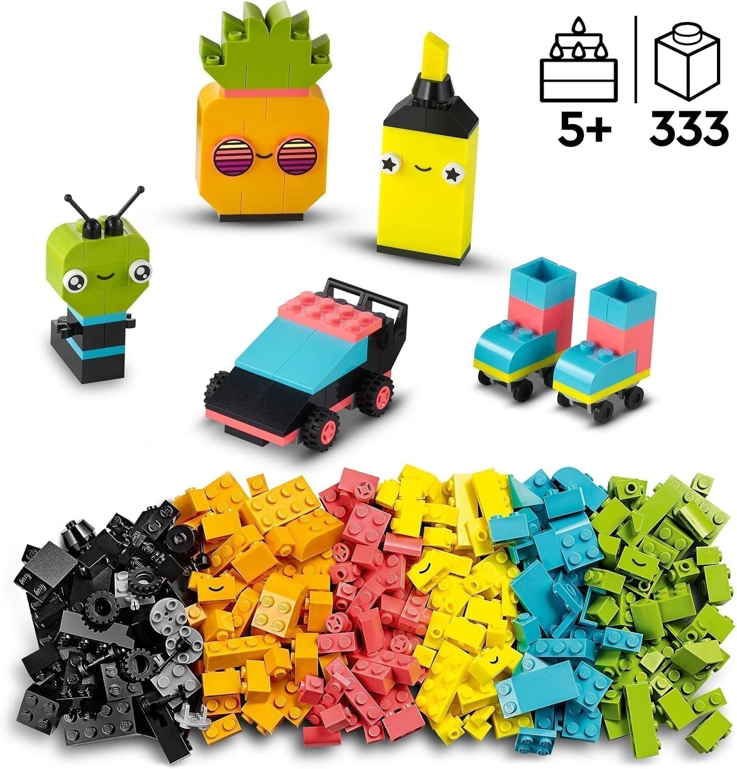 LEGO 11027 Klasyczny zestaw do kreatywnego budowania z neonem, zestaw klocków, zabawka do budowania z modelami: samochodu, ananasa, kosmity, wrotek, figurkami i nie tylko, dla dzieci od 5 lat i więcej Zestawy do budowania Besuche den LEGO-Store