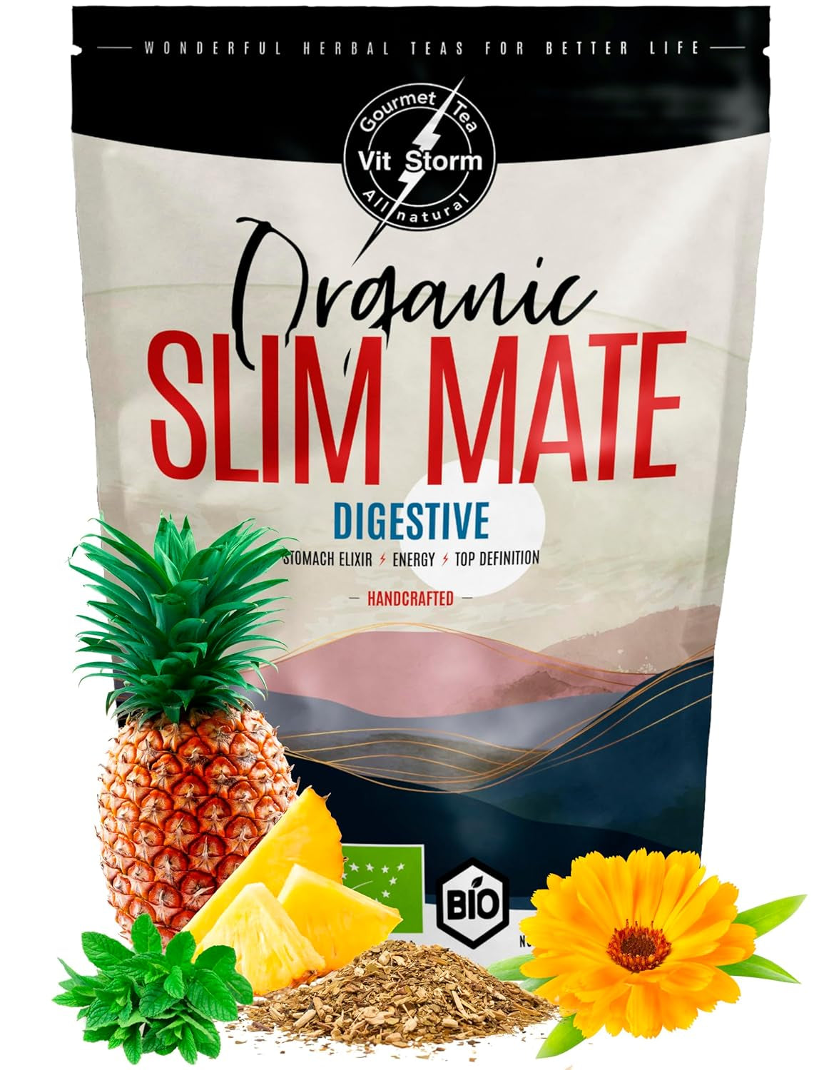 VITSTORM® Slim Tea Kardamon – BIO Herbata Yerba Mate – Herbata oczyszczająca i moczopędna – 100G