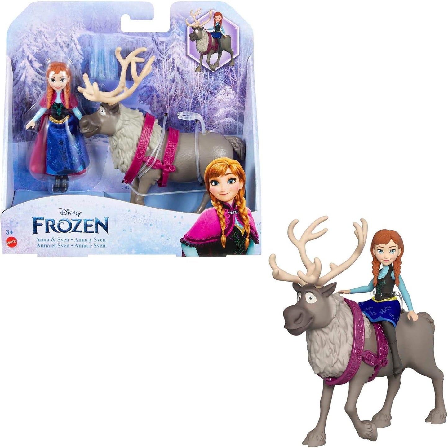 Mattel DISNEY Królowa Lodu Anna i Sven Lalka i figurka zwierzęcia inspirowana animowanymi postaciami, ruchome kończyny, odpinana spódnica i peleryna, od 3 lat, lalki z czapkami HLX03 Naty Shop