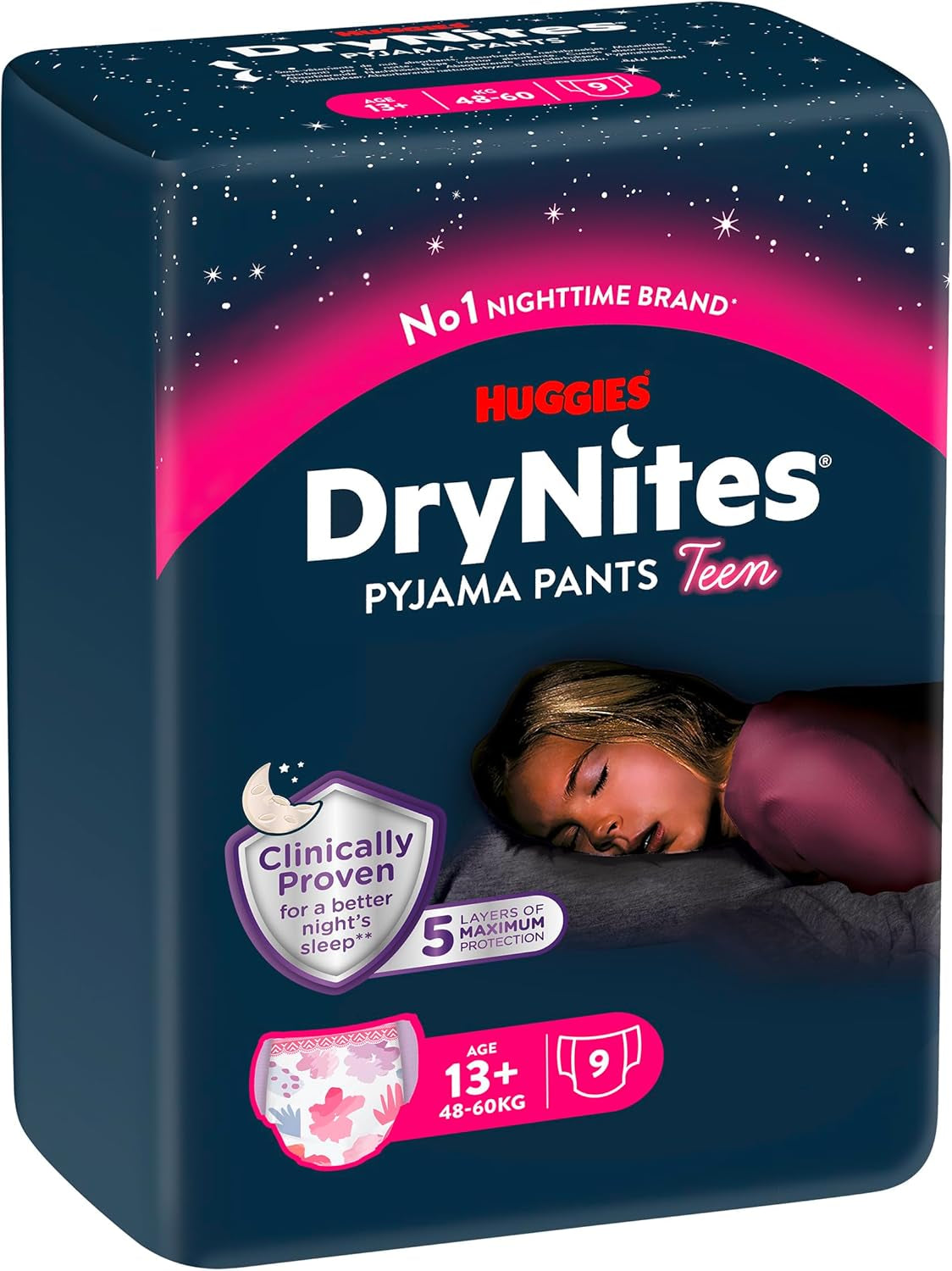 Huggies DryNites Pieluchy na noc dla dziewczynek 13–około 17 lat (48–60 kg) 27 sztuk (3x9) Paczka miesięczna Pieluszki majtkowe