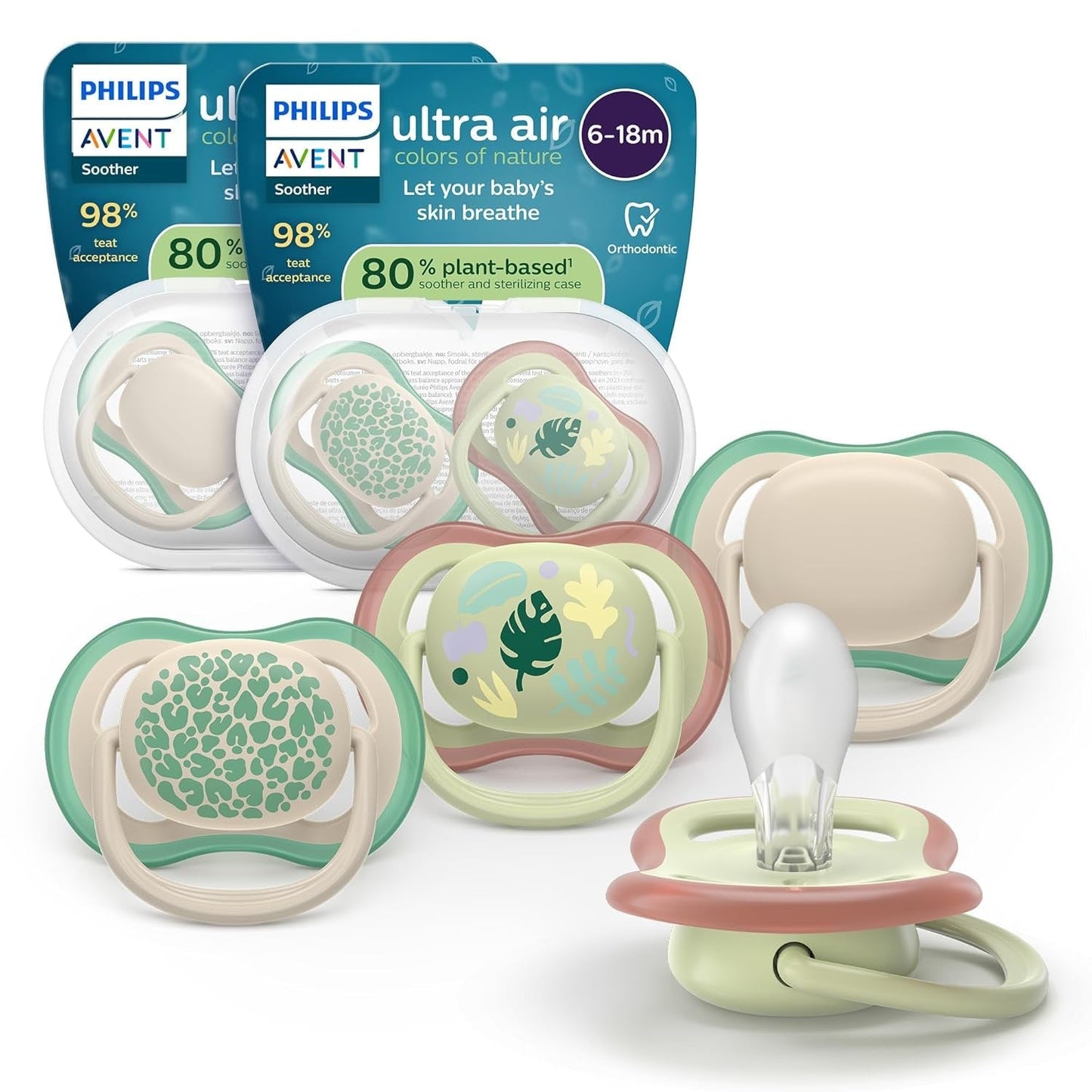 Smoczki Philips AVENT ultra air — zestaw 4 oddychających smoczków niezawierających BPA dla dzieci w wieku 6–18 miesięcy, w tym etui do przenoszenia i sterylizacja, wzór żółwia/wieloryba (model SCF085/66)