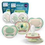 Smoczki Philips AVENT ultra air — zestaw 4 oddychających smoczków niezawierających BPA dla dzieci w wieku 6–18 miesięcy, w tym etui do przenoszenia i sterylizacja, wzór żółwia/wieloryba (model SCF085/66)