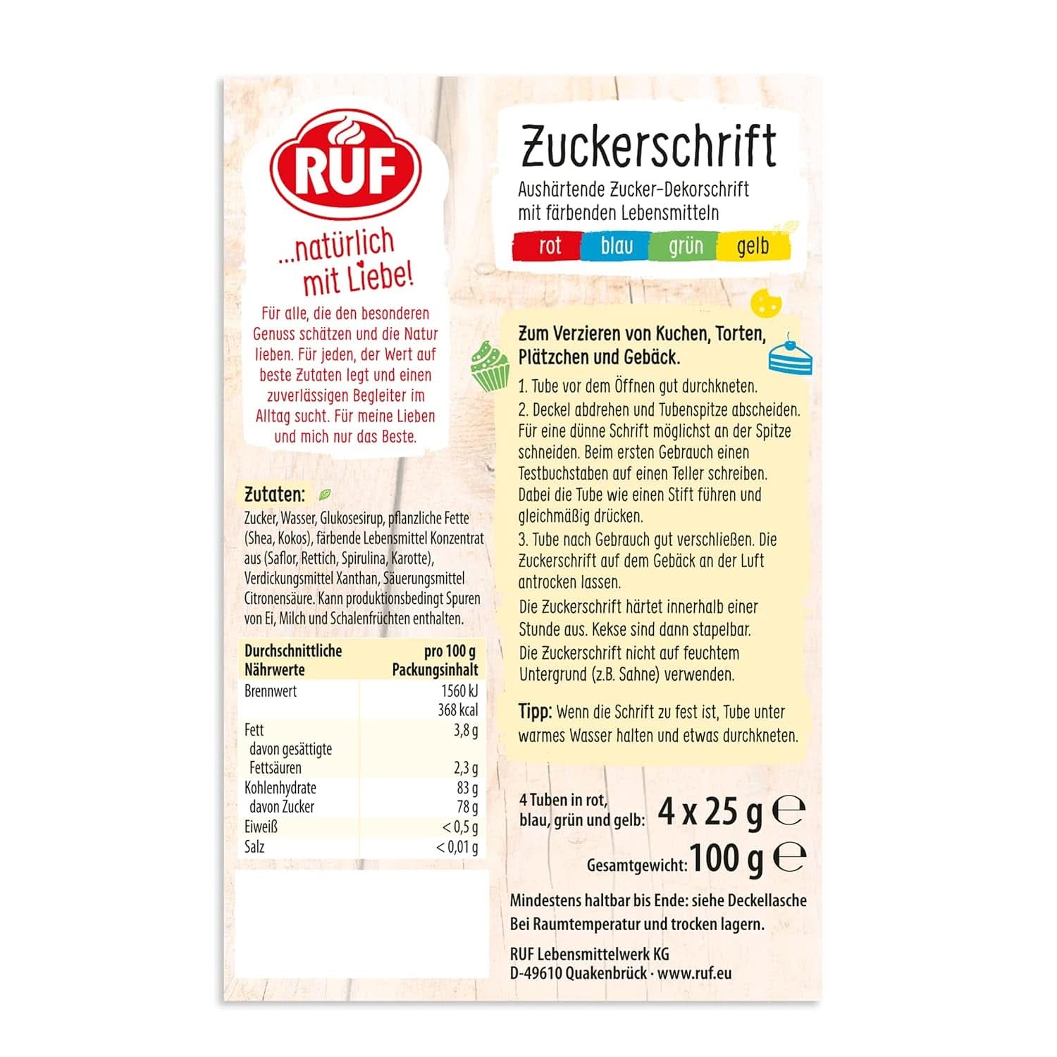 RUF, glazura do pisania po ciastach, ciasteczkach, ciastach, bezglutenowa, wegańska, 4 x 25 gram Glazury i dekoracje Naty Shop