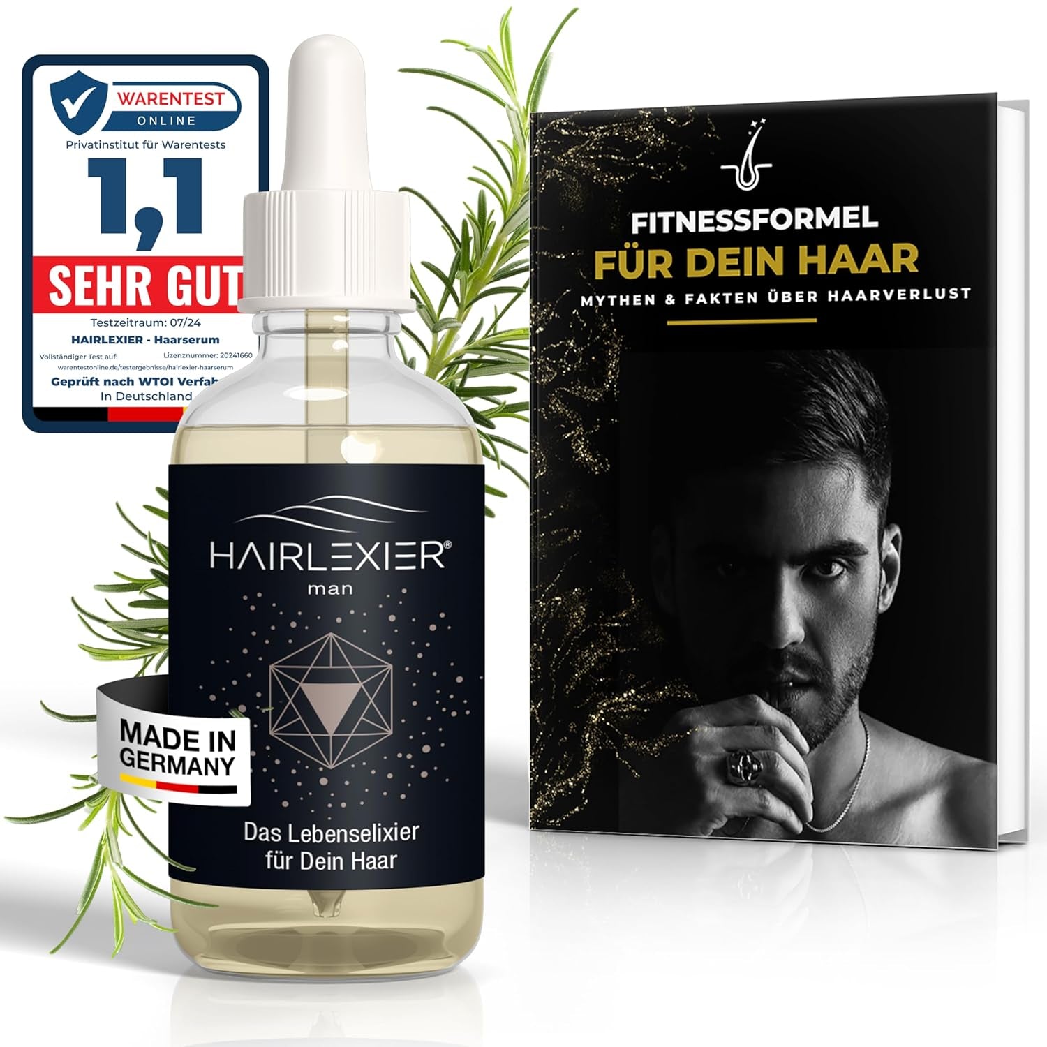 Hairlexier Środek na porost włosów dla kobiet - Olejek do włosów rozmarynowy, Olejek rycynowy Olejek do włosów, Olejek lawendowy, Naturalne serum do włosów przeciw rozproszonemu wypadaniu włosów, Wspomaga wzrost włosów, Wegańskie i organiczne + Zeszyt ćwiczeń Pielęgnacja włosów Naty Shop Men