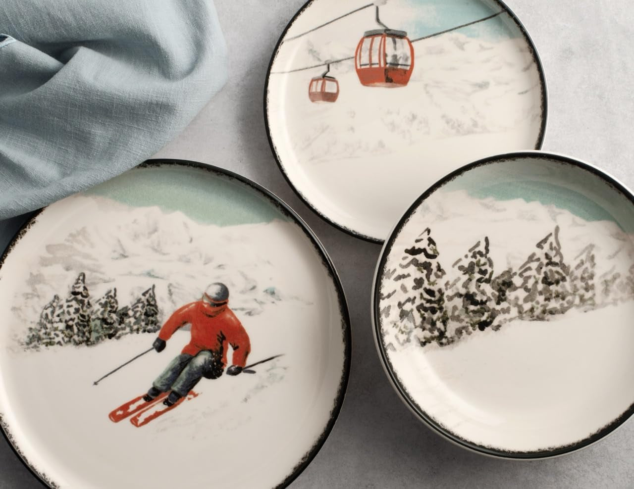 Winter Escape 12-częściowy zestaw świątecznych naczyń kamionkowych - Nordic Winter Skier Design - Można myć w zmywarce i używać w kuchence mikrofalowej