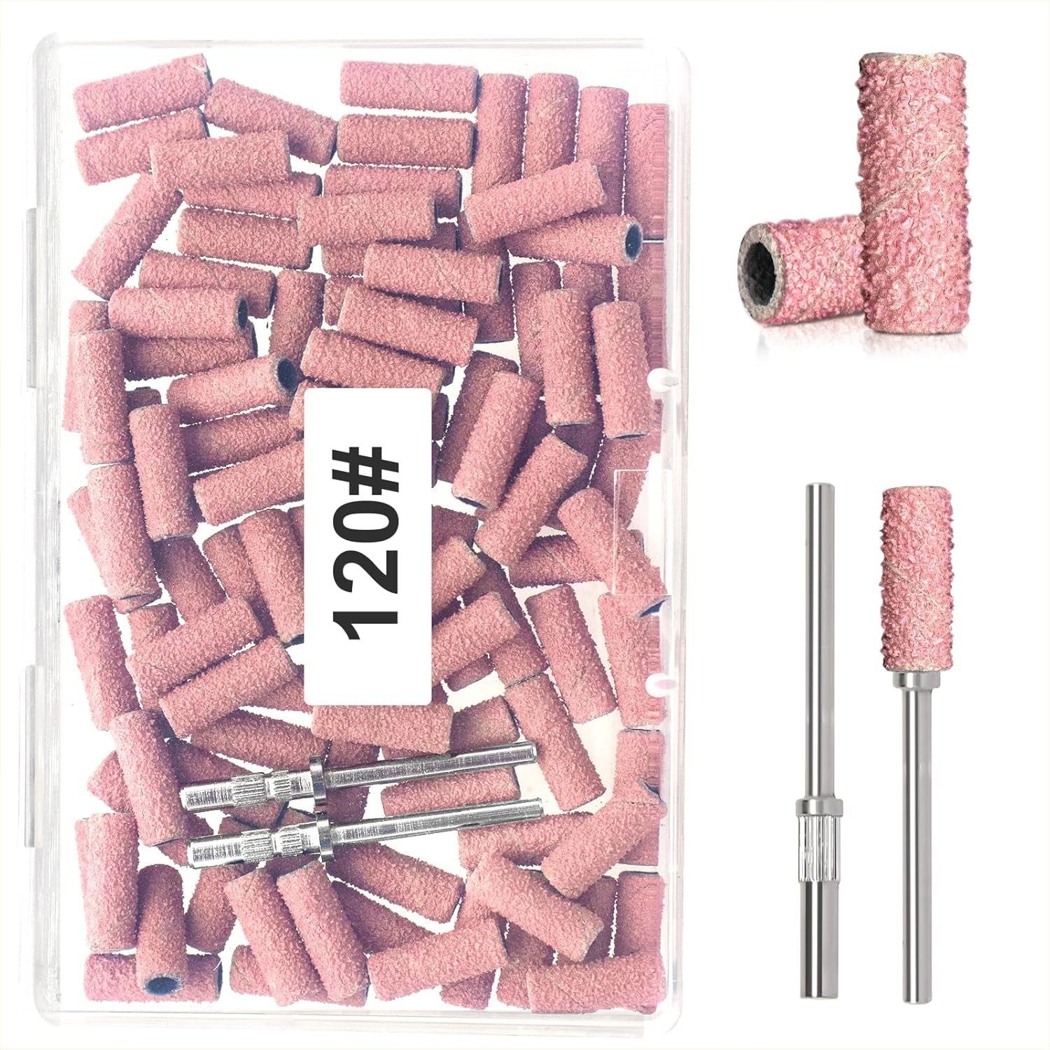 BLESWIN 100 szt. małych taśm szlifierskich do wierteł do paznokci, drobne ziarno 240 z 2 szt. wierteł 3 mm, mini taśmy szlifierskie do polerowania naturalnych paznokci i czyszczenia skórek do przygotowania, różowy