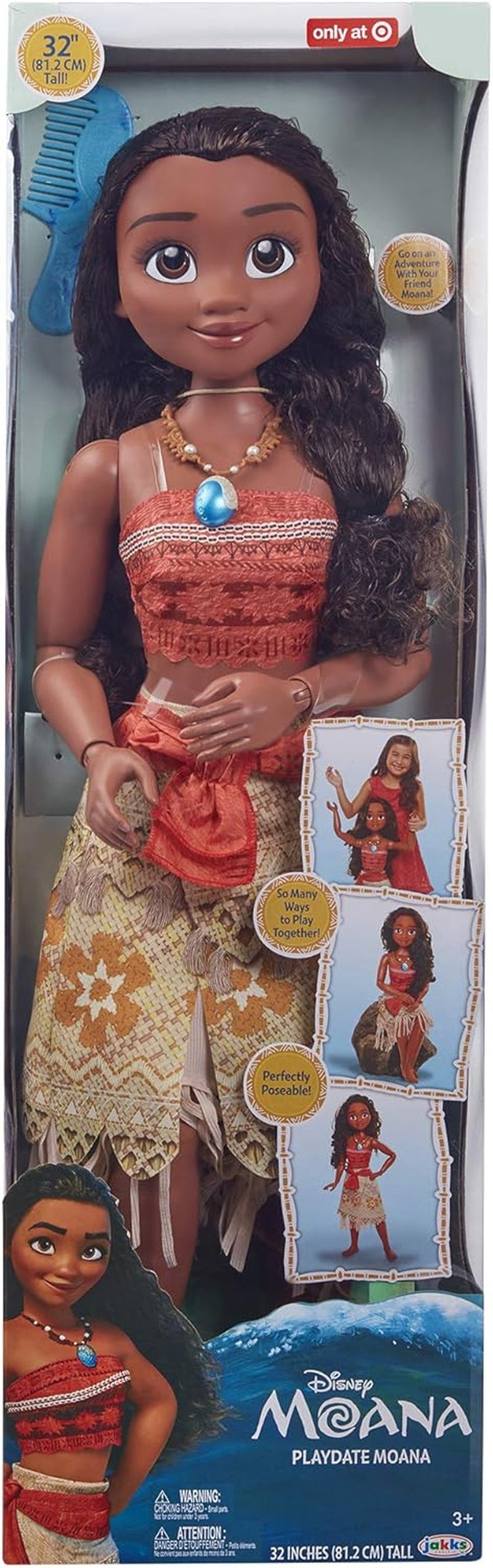 Disney Princess Vaiana, 80 cm duża Spielpuppe von Jakks Pacific, bewegliche Puppe, mit Bürste zum Kämmen ihrer welligen Locken, vom Film inspirowany Kleid, abnehmbare Halskette mit Anhänger